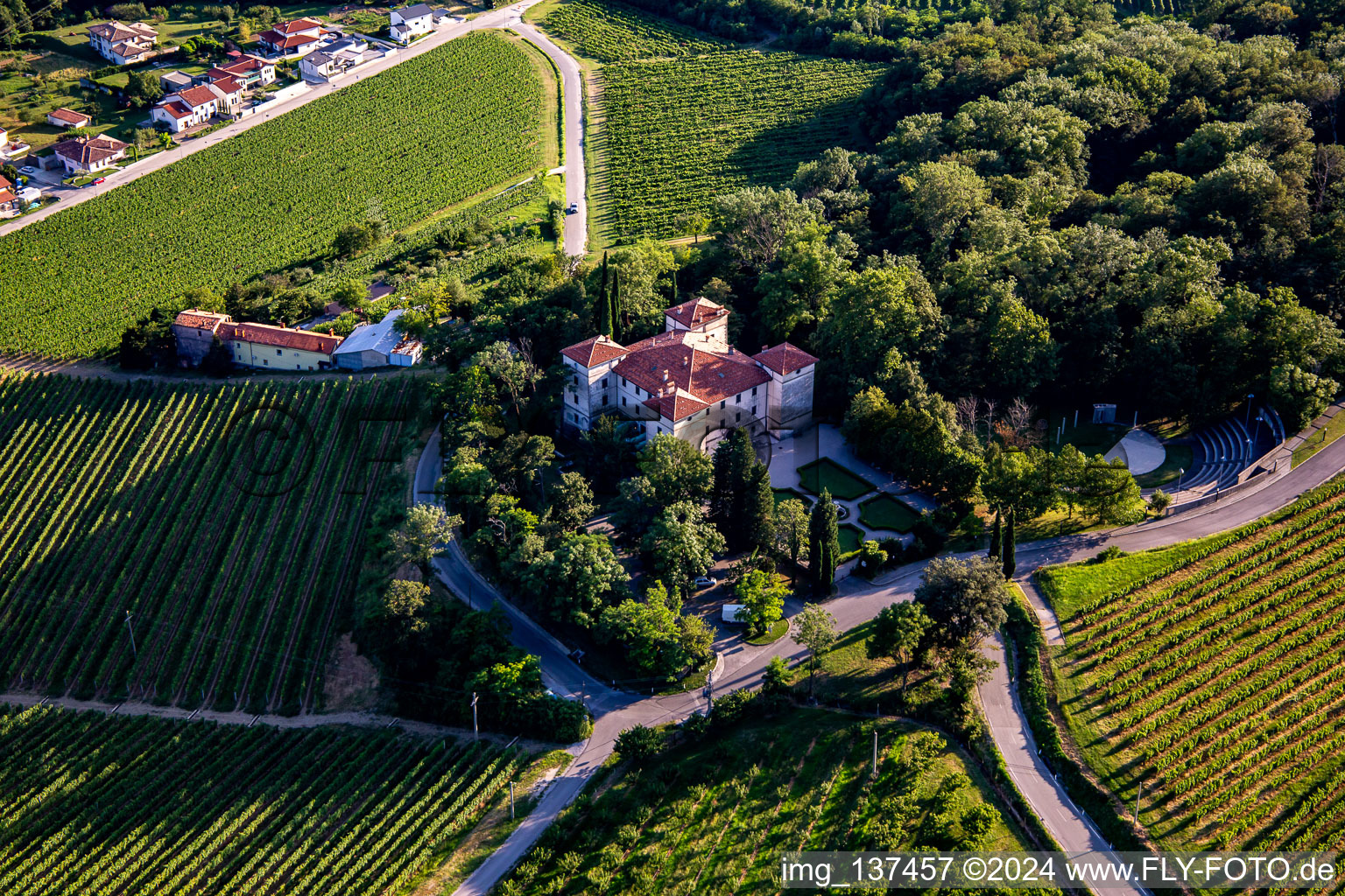 Aerial view of Castle Kromberk / Goriški muzej Kromberk - Nova Gorica , Restavracija Grad Kromberk, Mateja Baga in the district Kromberk in Nova Gorica in the state Slovenia, Slovenia