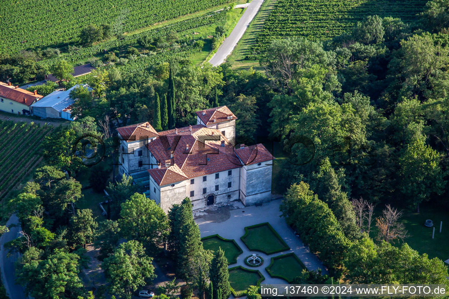 Oblique view of Castle Kromberk / Goriški muzej Kromberk - Nova Gorica , Restavracija Grad Kromberk, Mateja Baga in the district Kromberk in Nova Gorica in the state Slovenia, Slovenia