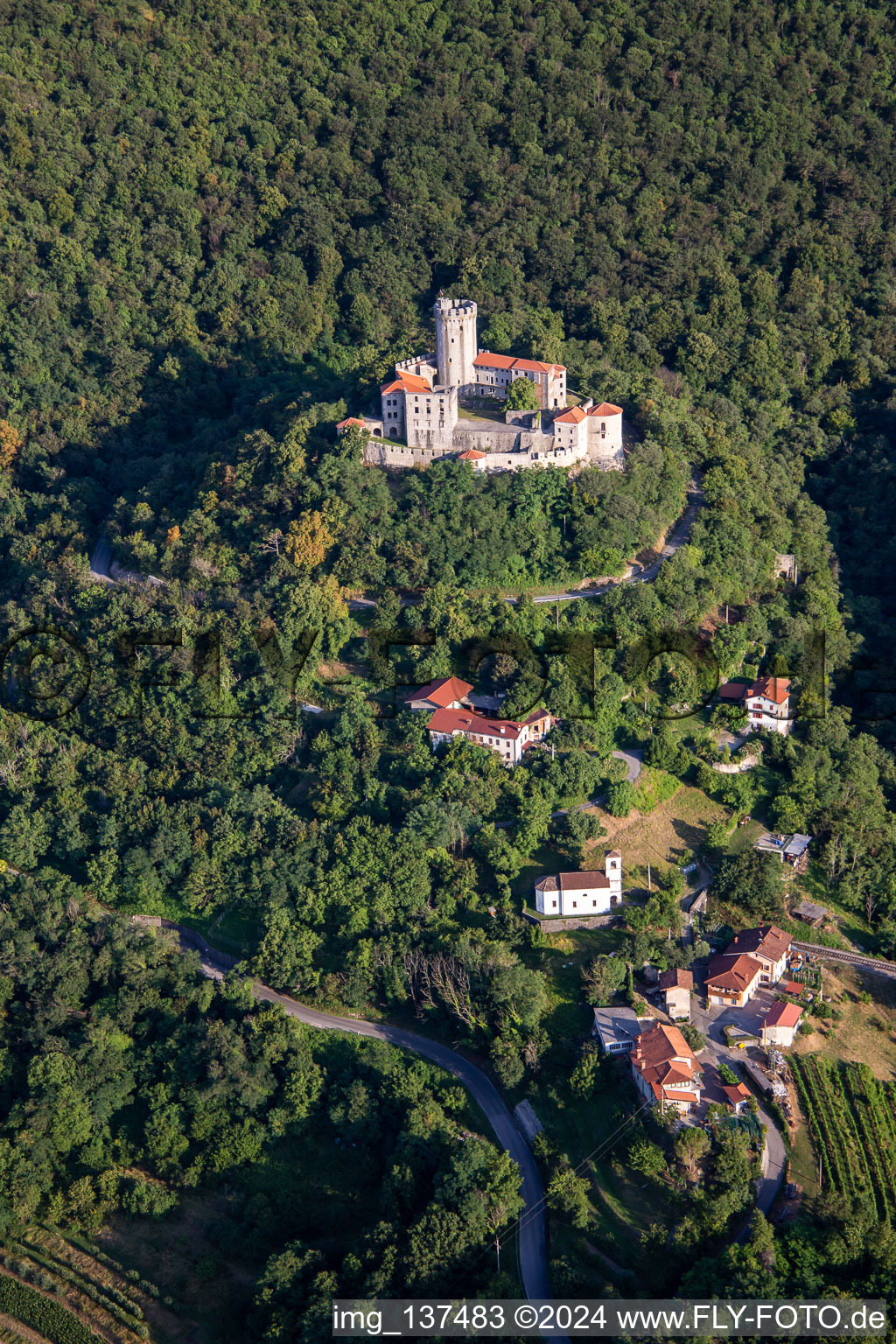 Aerial photograpy of Castle / Grade Rihemberk in the district Branik in Nova Gorica in the state Slovenia, Slovenia