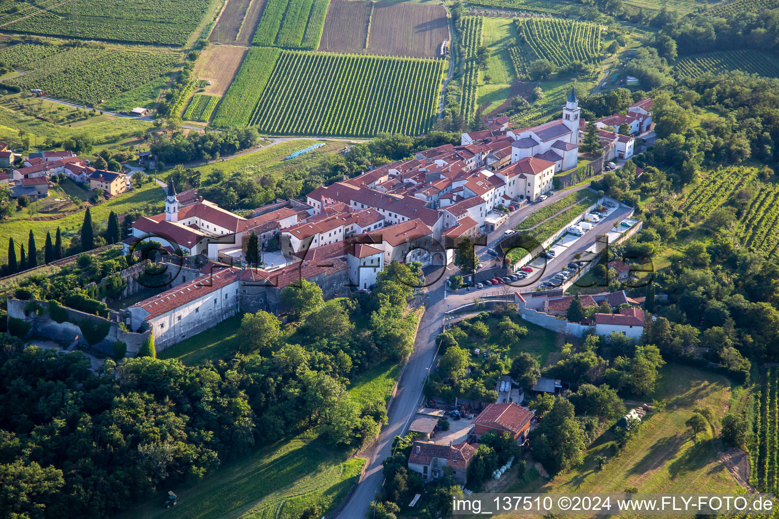 Aerial view of Holy Cross Castle / Grade Vipavski Križ in the district Vipavski Križ in Ajdovščina in the state Slovenia, Slovenia