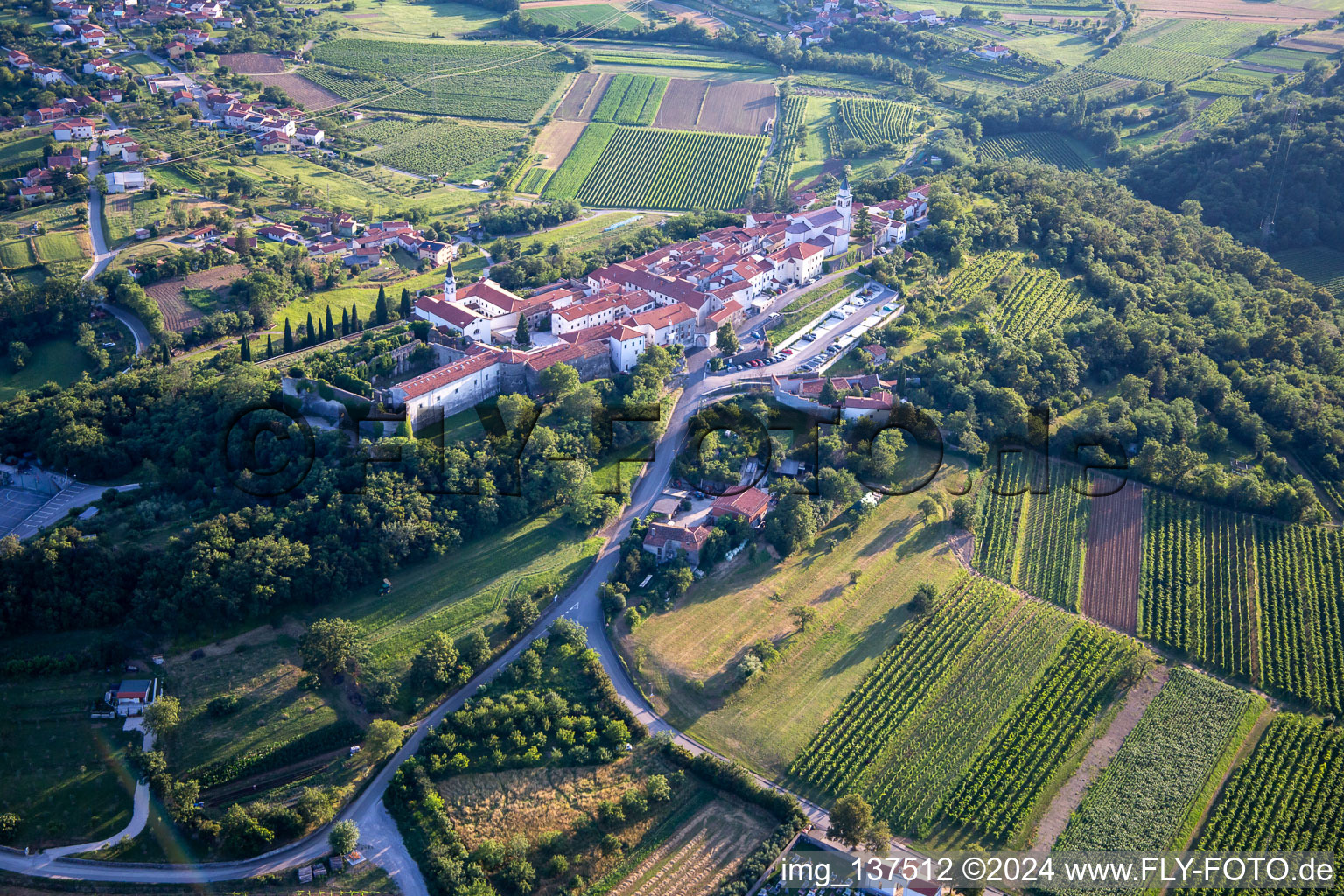 Aerial photograpy of Holy Cross Castle / Grade Vipavski Križ in the district Vipavski Križ in Ajdovščina in the state Slovenia, Slovenia