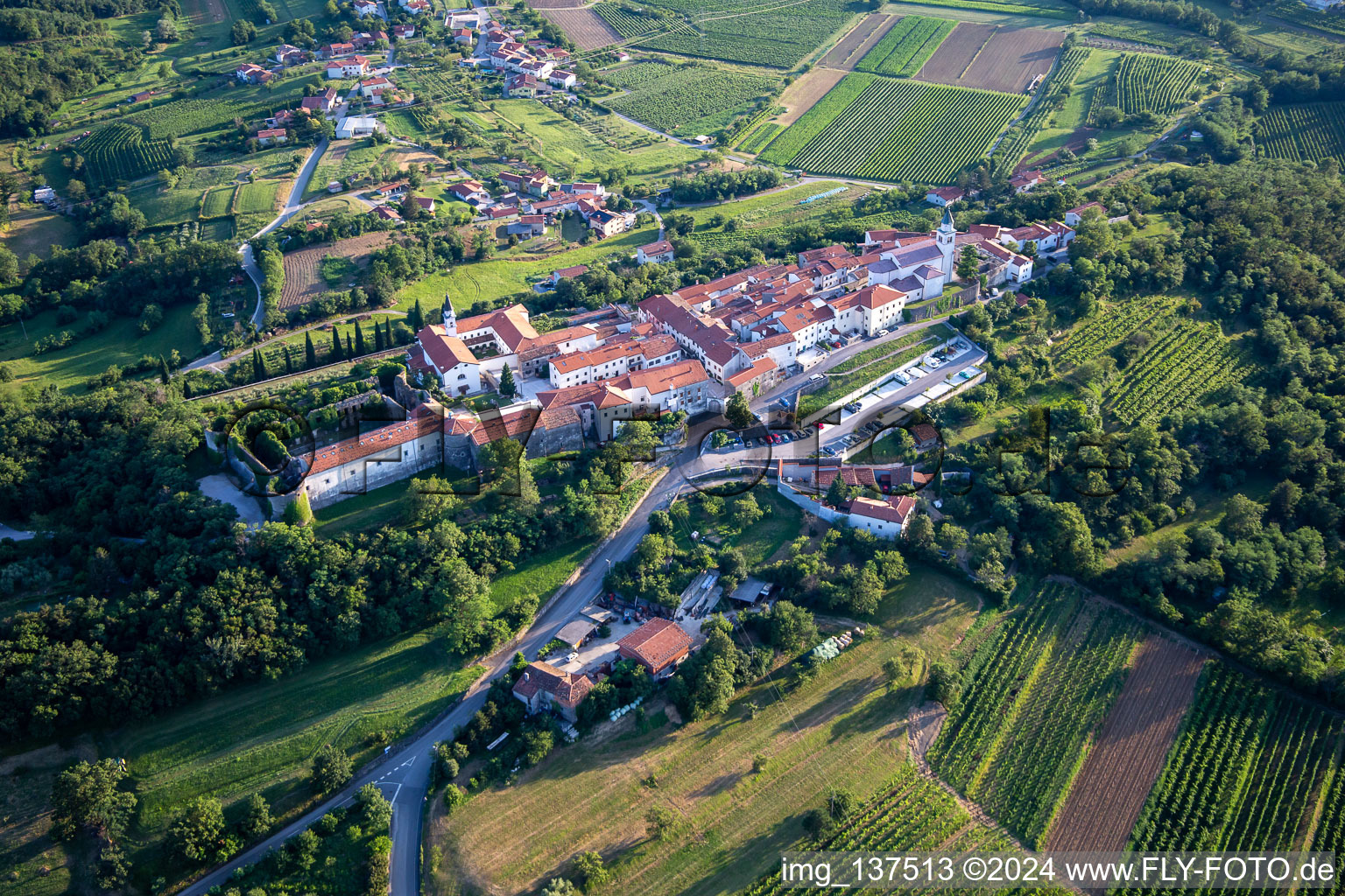 Oblique view of Holy Cross Castle / Grade Vipavski Križ in the district Vipavski Križ in Ajdovščina in the state Slovenia, Slovenia