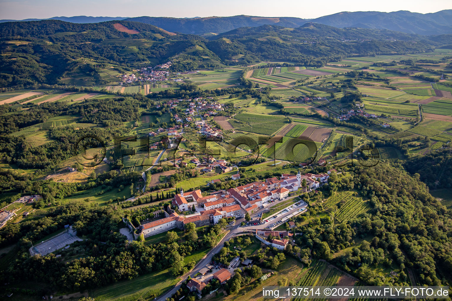 Holy Cross Castle / Grad Vipavski Križ in Ajdovščina in the state Slovenia, Slovenia from above