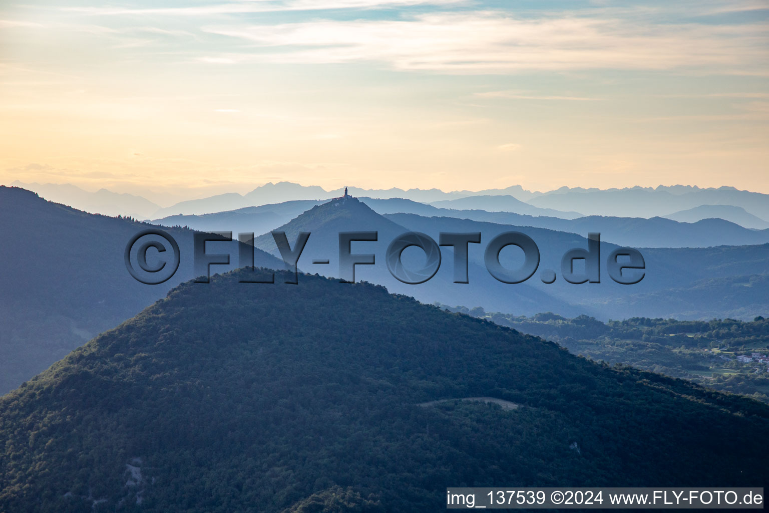 Aerial photograpy of Church of Bazilika Svetogorske Matere Božje from the east in the district Sveta Gora in Nova Gorica in the state Slovenia, Slovenia