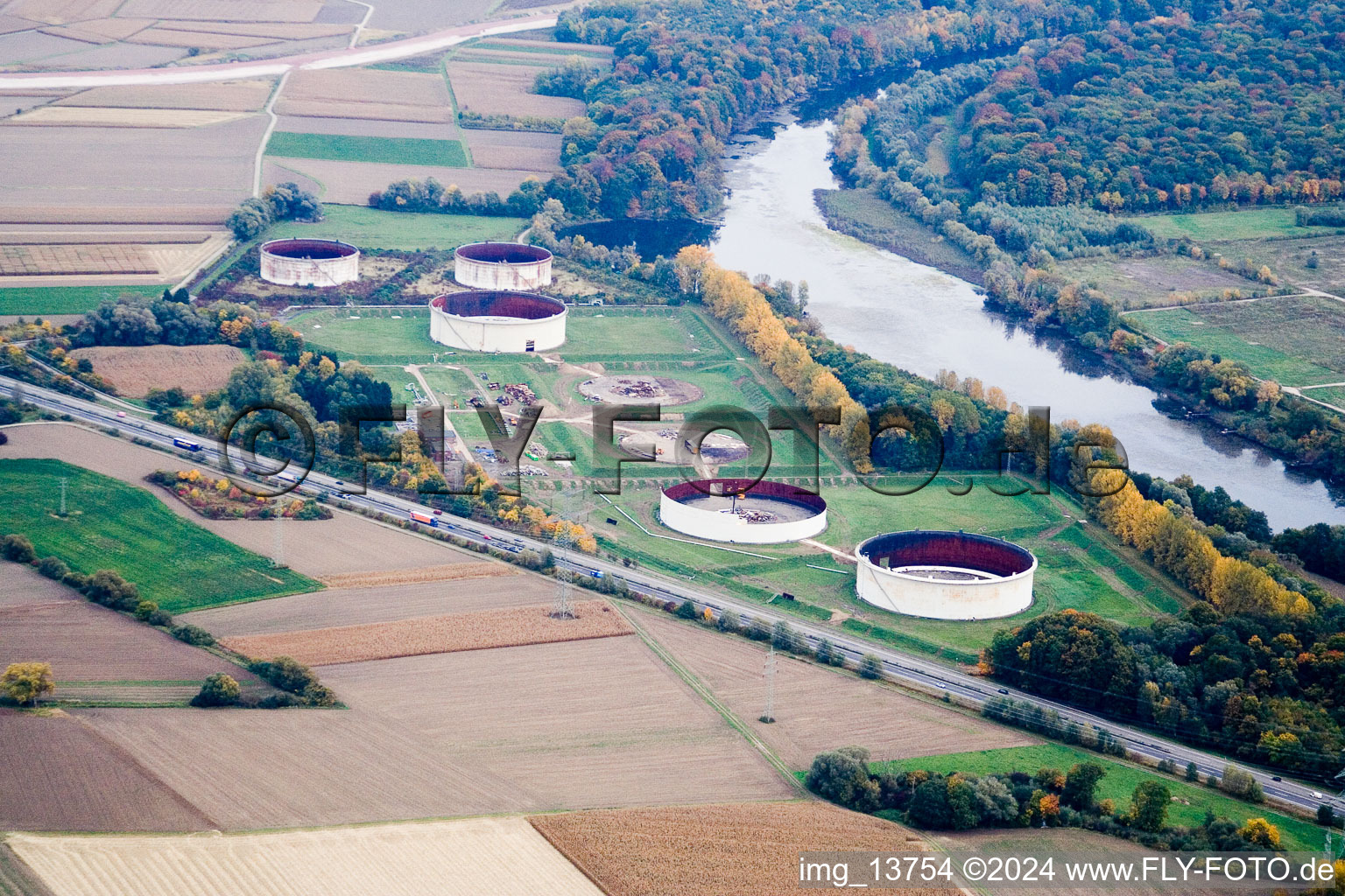 Aerial view of Former tank farm in Jockgrim in the state Rhineland-Palatinate, Germany