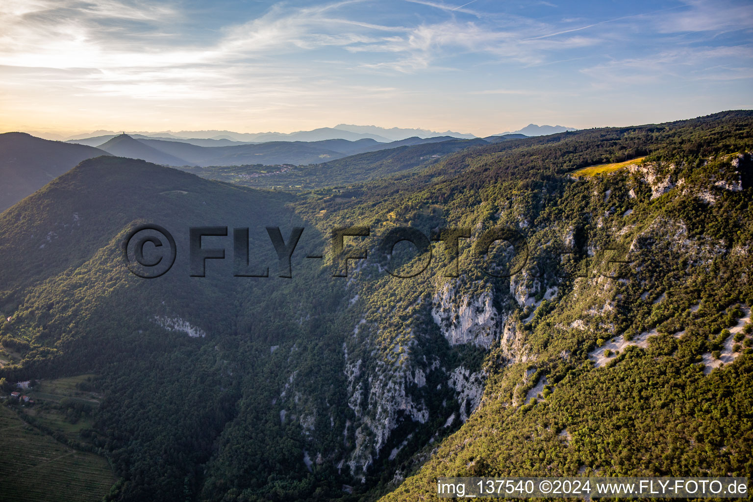 Aerial view of Lijak paragliding takeoff / Vzletišče jadralnih padalcev Lijak in the district Ravnica in Nova Gorica in the state Slovenia, Slovenia