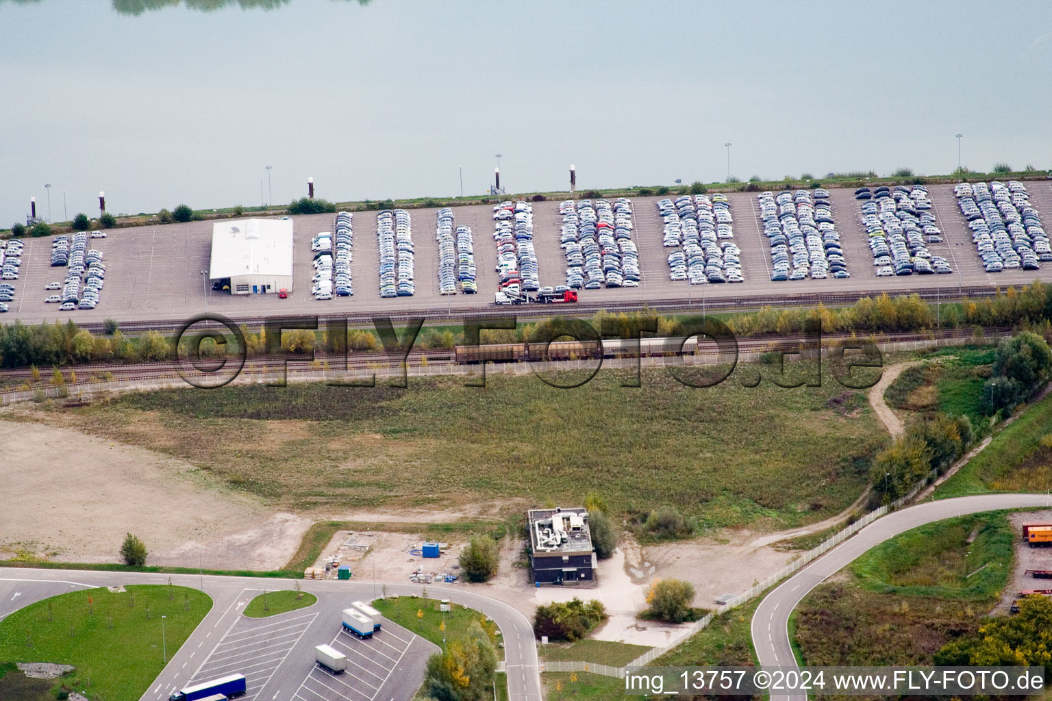 Aerial view of Rhine port in Wörth am Rhein in the state Rhineland-Palatinate, Germany