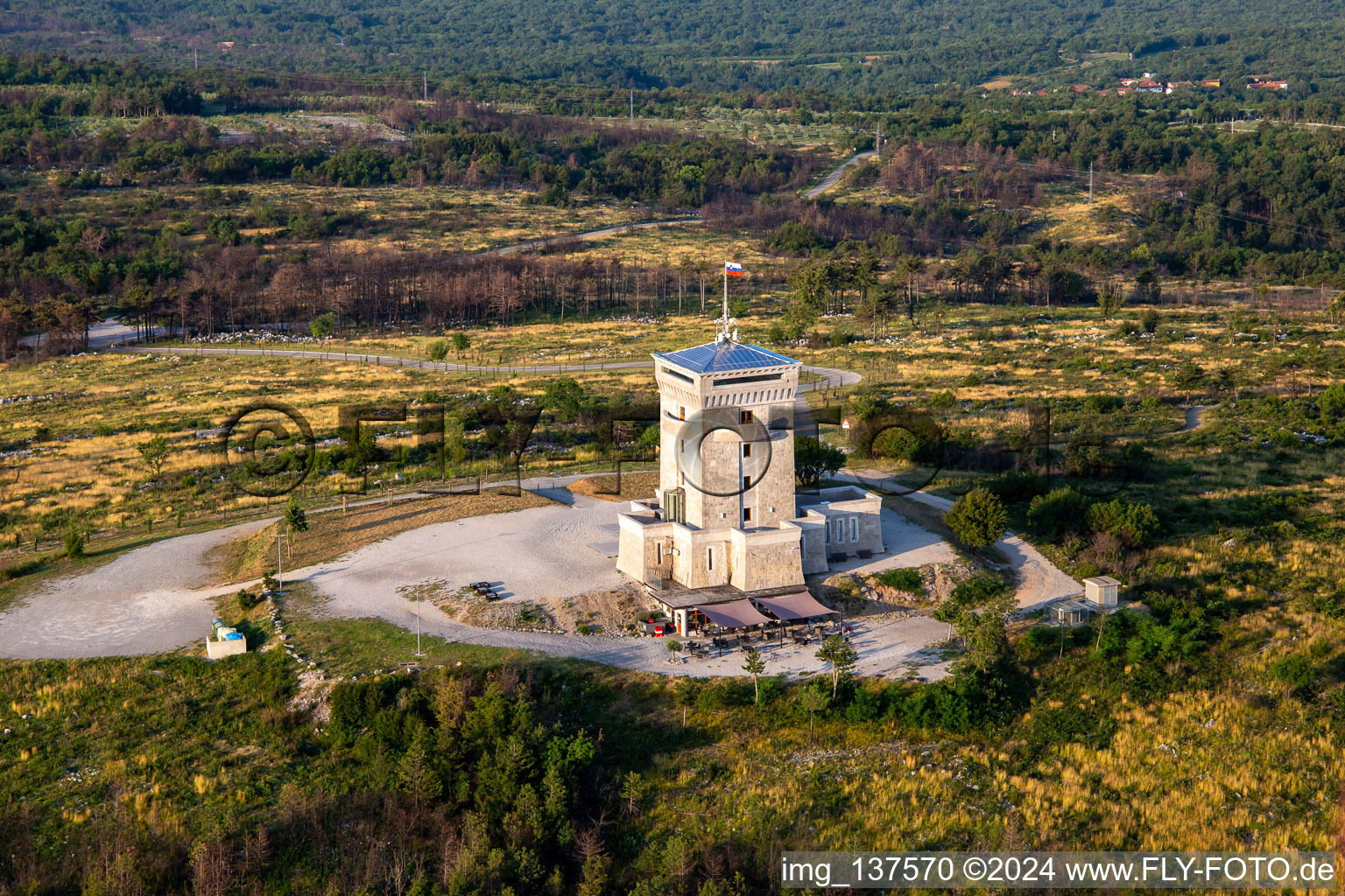 Aerial view of Cerje watchtower on the hills / Drevored hvaležnosti in Miren-Kostanjevica in the state Slovenia, Slovenia