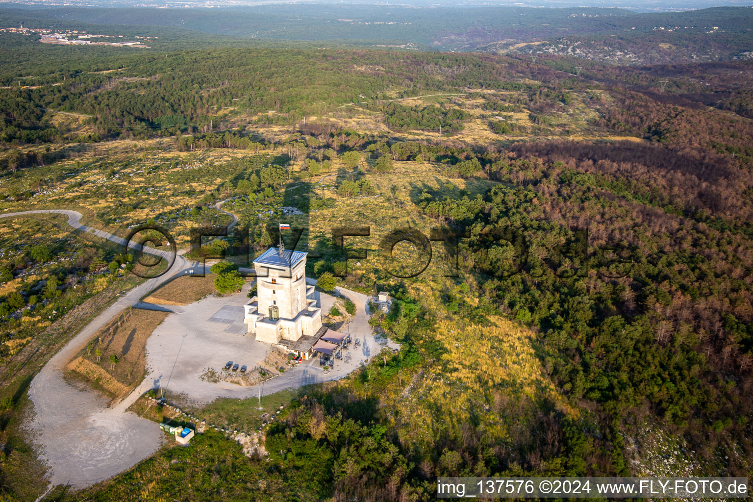 Cerje watchtower on the hill chain / Drevored hvaležnosti in the district Lokvica in Miren-Kostanjevica in the state Slovenia, Slovenia out of the air