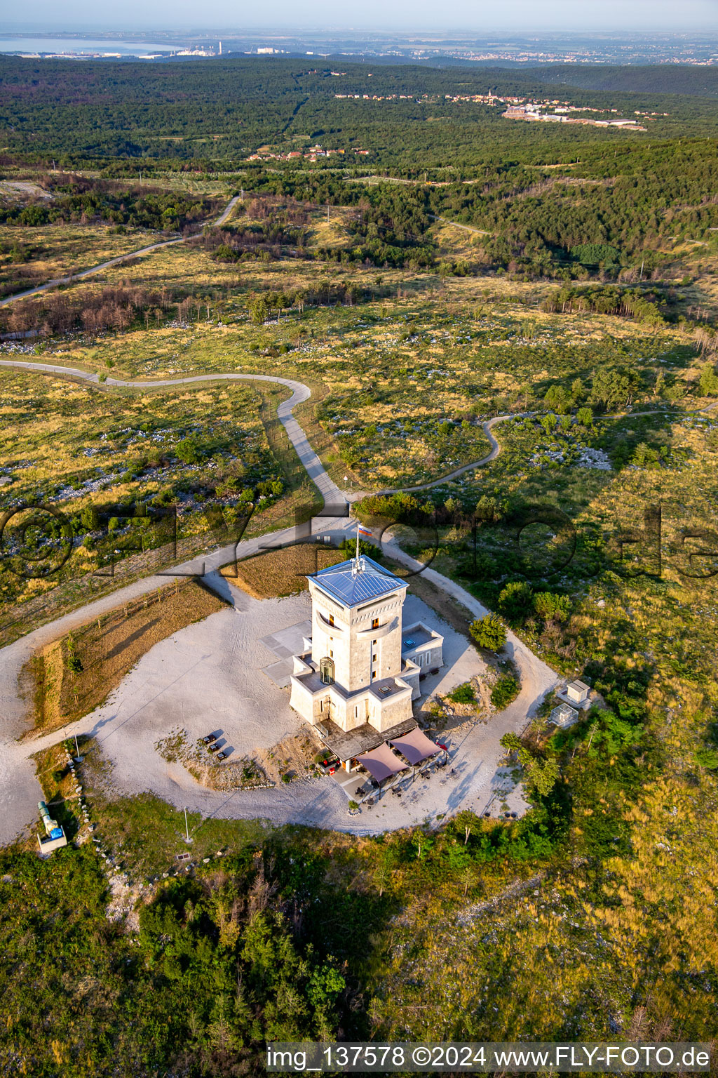 Cerje watchtower on the hills / Drevored hvaležnosti in Miren-Kostanjevica in the state Slovenia, Slovenia from the plane