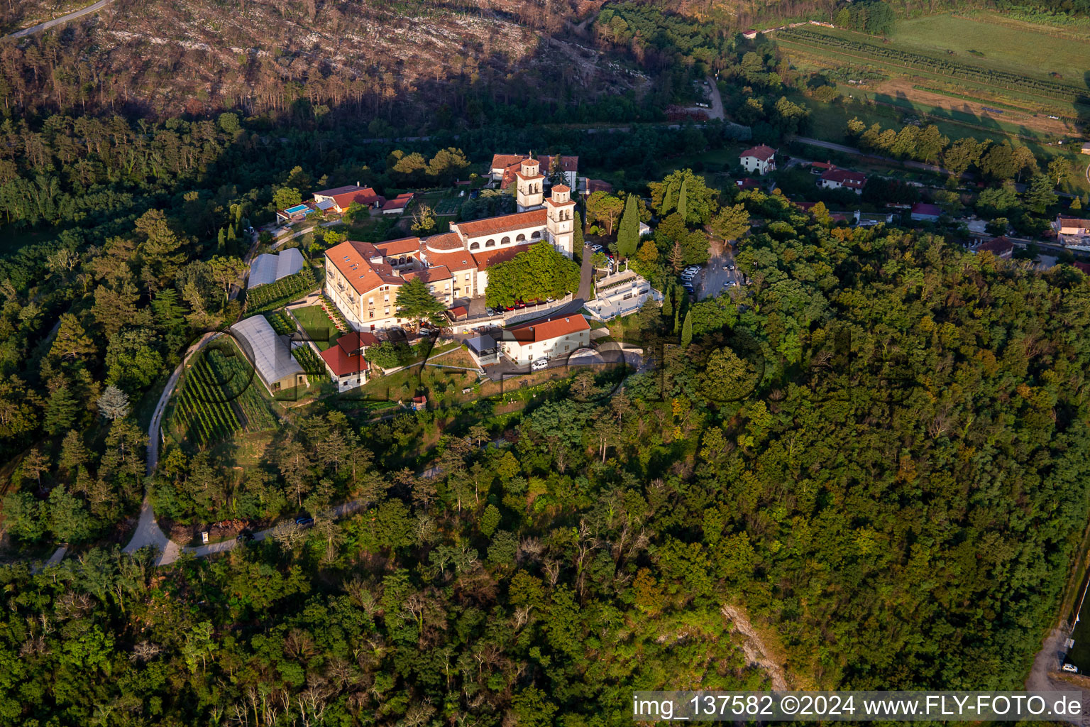 Aerial photograpy of Castle / Mirenski grad in the district Miren in Miren-Kostanjevica in the state Slovenia, Slovenia