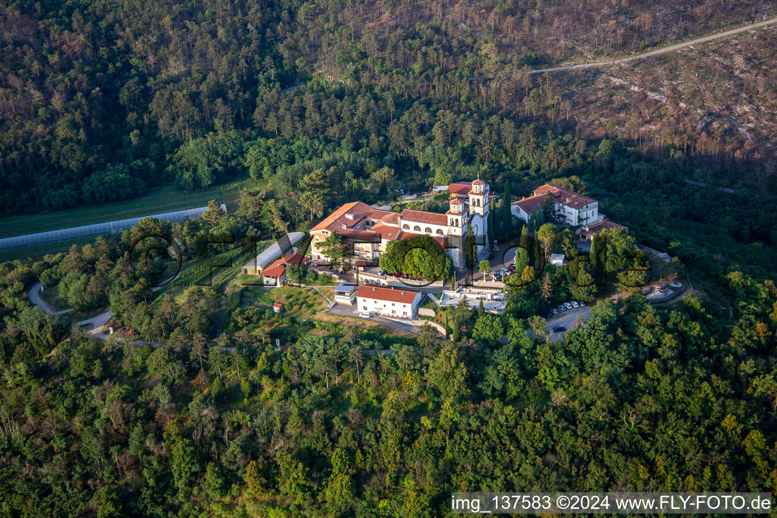 Oblique view of Miren Castle / Mirenski grad in Miren-Kostanjevica in the state Slovenia, Slovenia