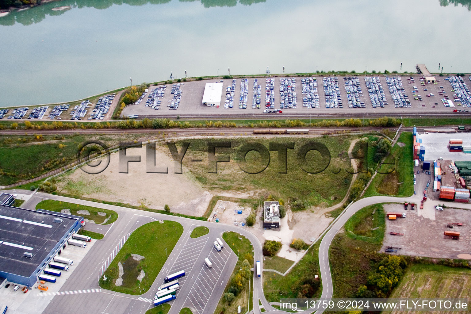 Oblique view of Rhine port in Wörth am Rhein in the state Rhineland-Palatinate, Germany