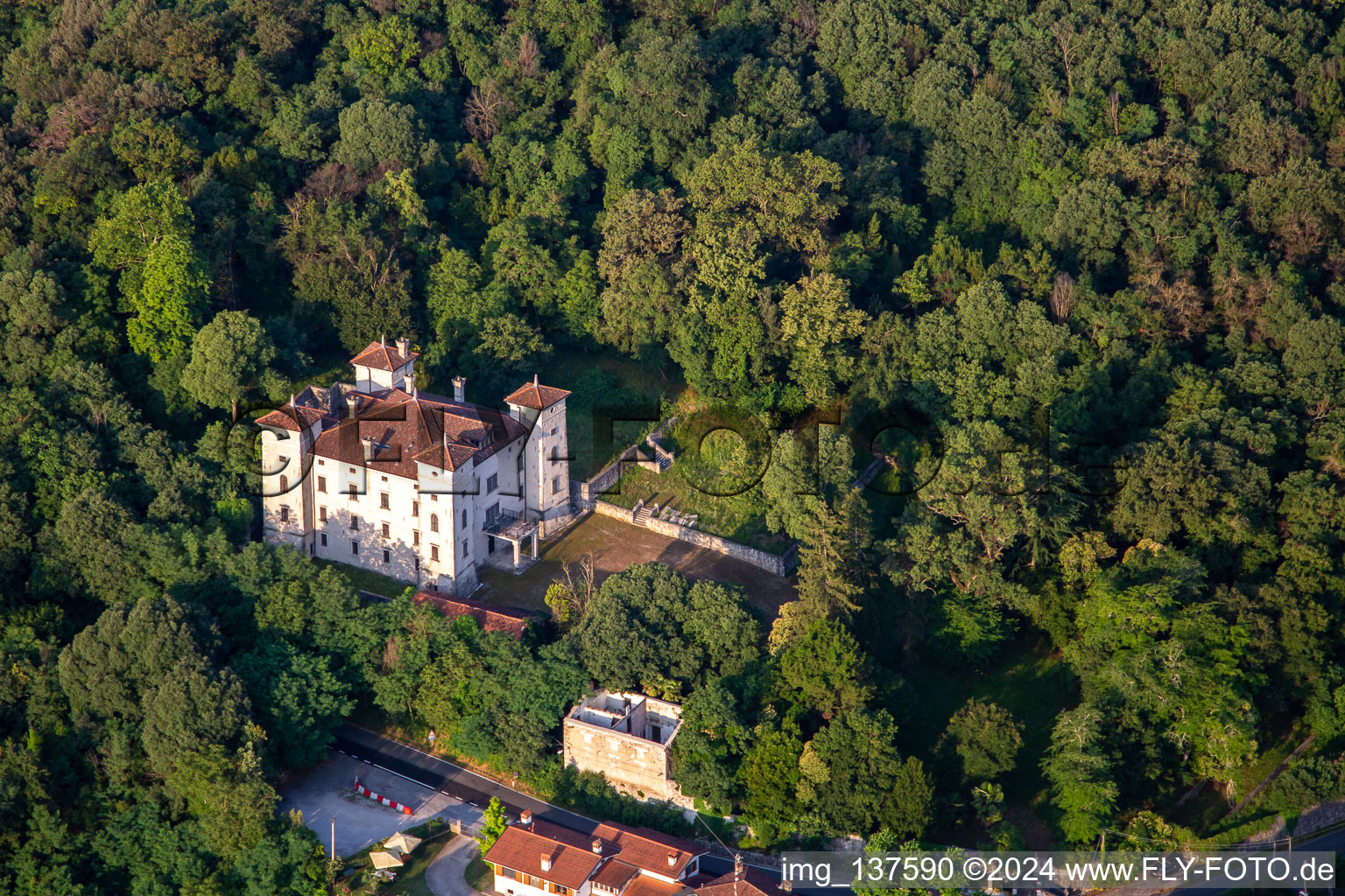 Aerial view of Castle of Rubbia in Savogna d’Isonzo in the state Gorizia, Italy