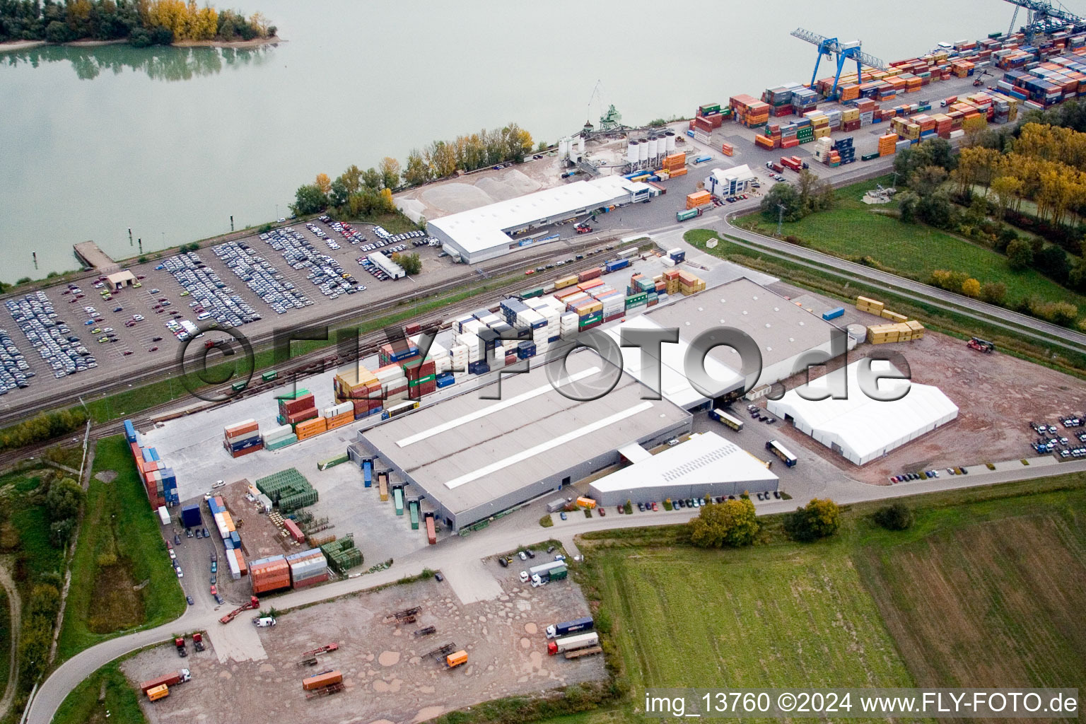 Rhine port in Wörth am Rhein in the state Rhineland-Palatinate, Germany from above