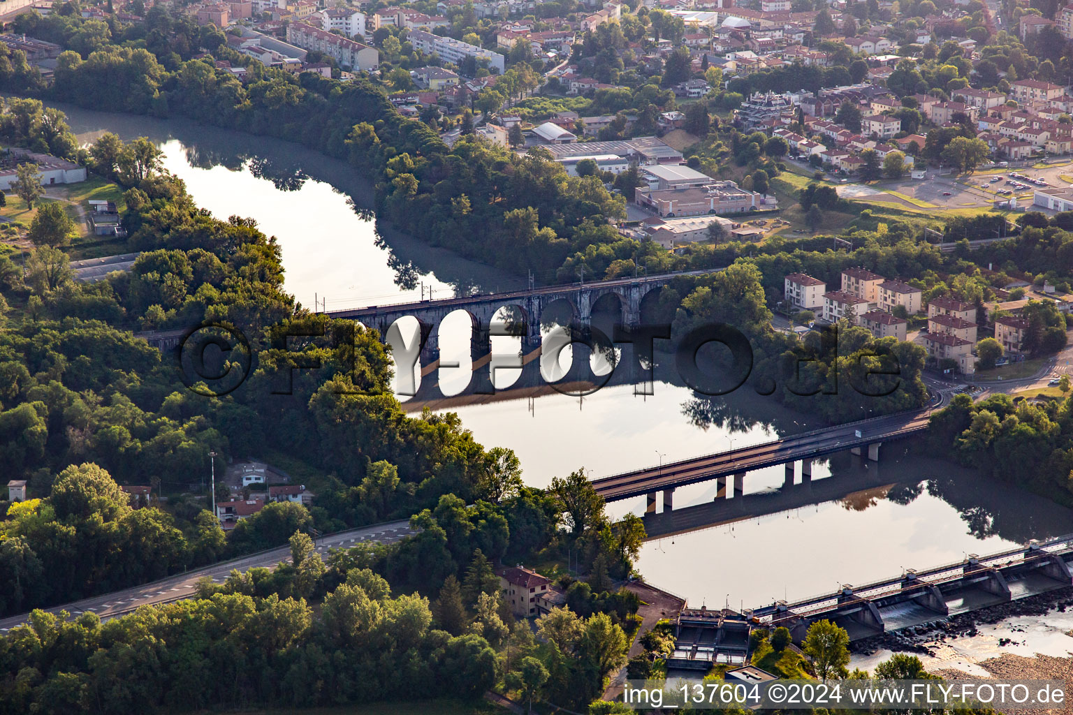 Aerial view of Three bridges over the Isonzo in Gorizia in the state Gorizia, Italy