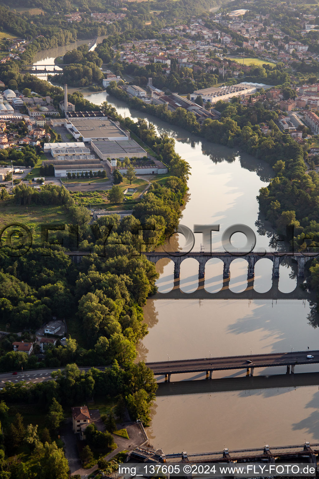 Aerial photograpy of Three bridges over the Isonzo in Gorizia in the state Gorizia, Italy