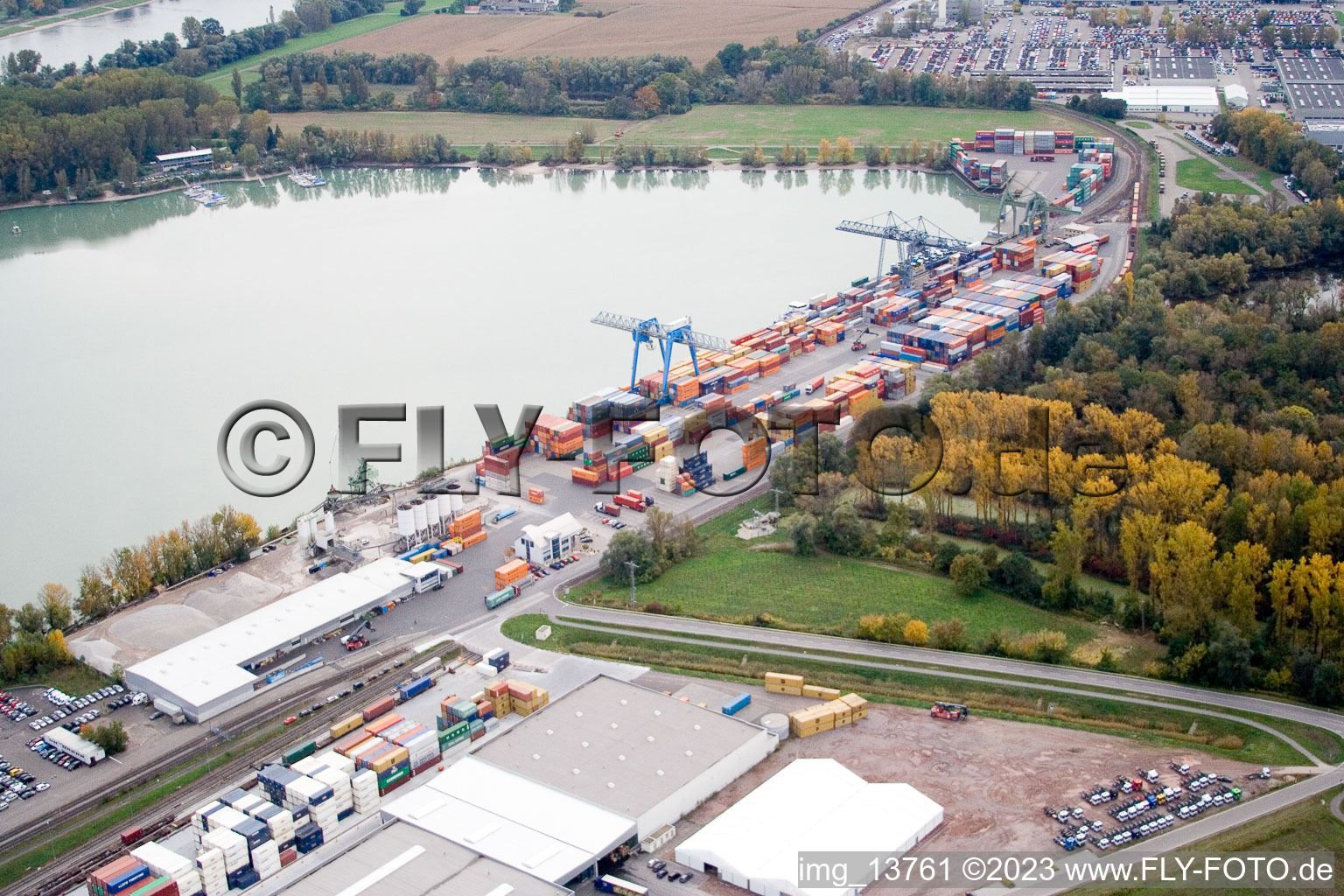 Rhine port in Wörth am Rhein in the state Rhineland-Palatinate, Germany out of the air