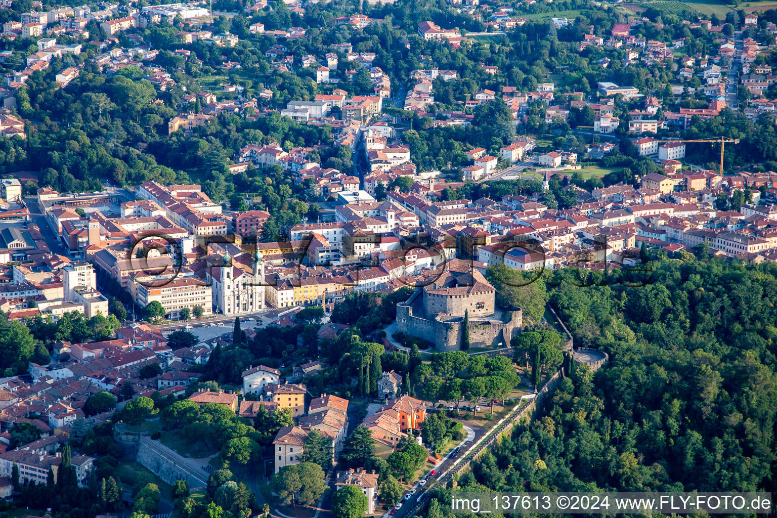 Aerial view of Gorizia Castle / Castello di Gorizia and Via Roma in Gorizia in the state Gorizia, Italy