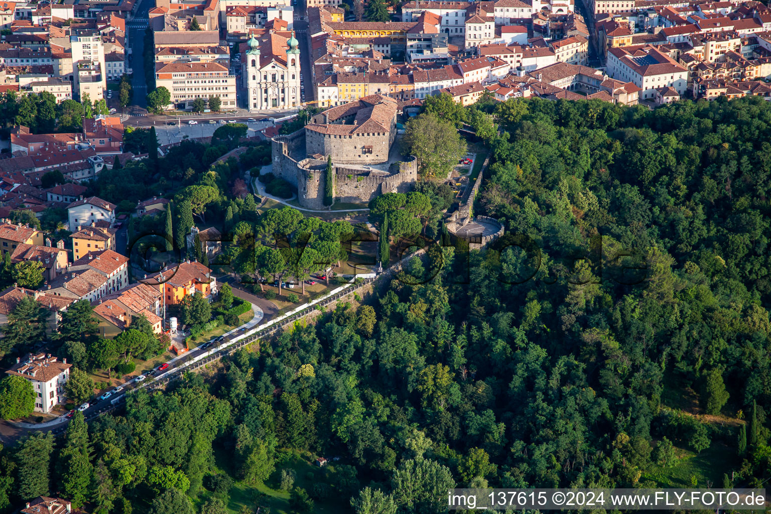 Aerial photograpy of Gorizia Castle / Castello di Gorizia and Via Roma in Gorizia in the state Gorizia, Italy