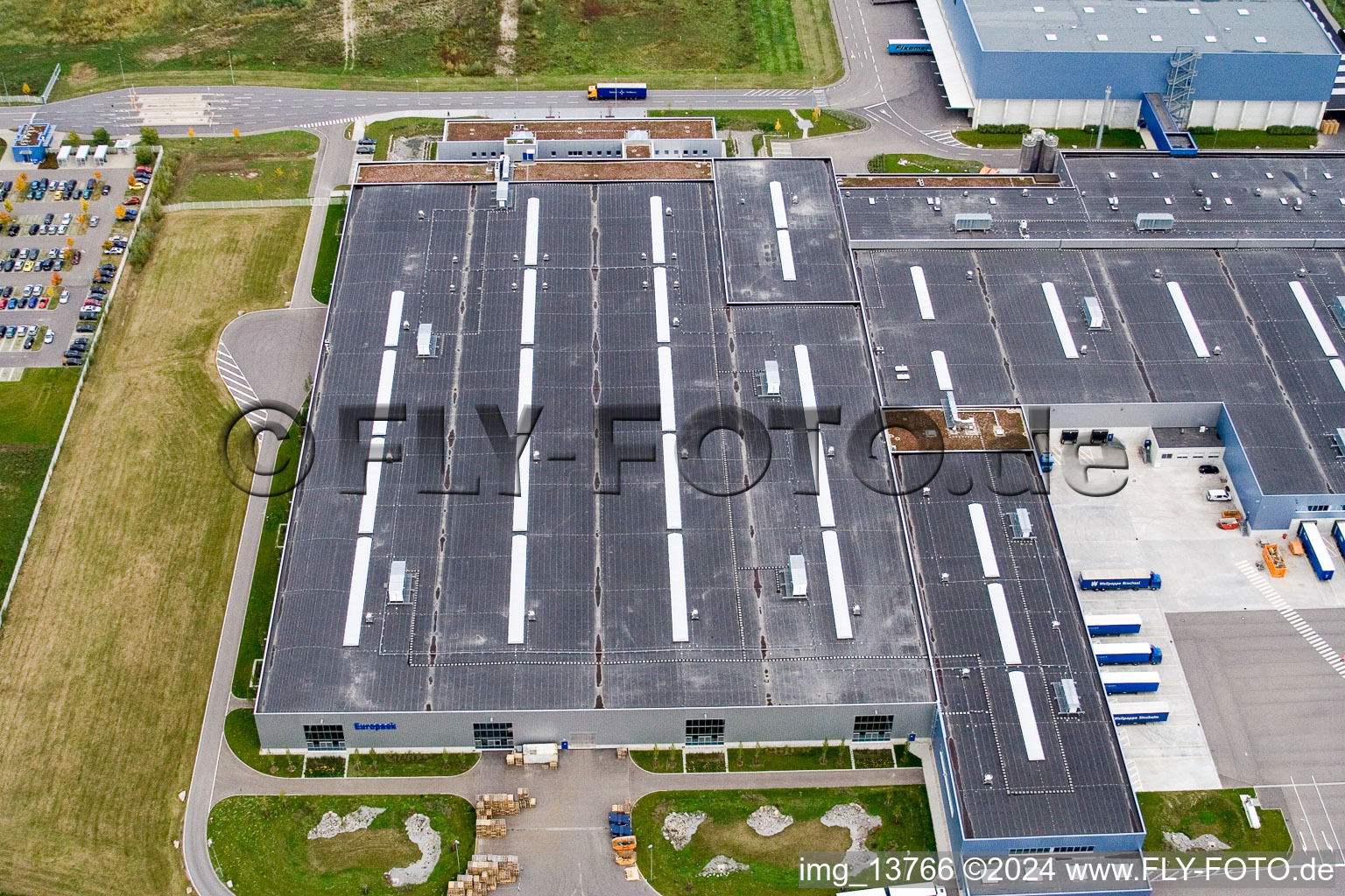 Oblique view of Oberwald industrial area in Wörth am Rhein in the state Rhineland-Palatinate, Germany