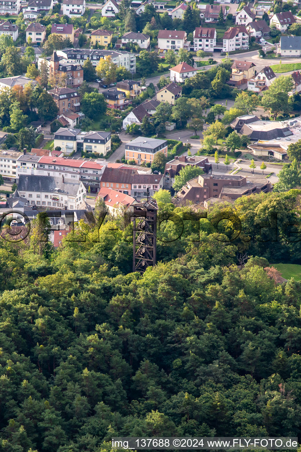 Bismarck Tower in Bad Bergzabern in the state Rhineland-Palatinate, Germany from above