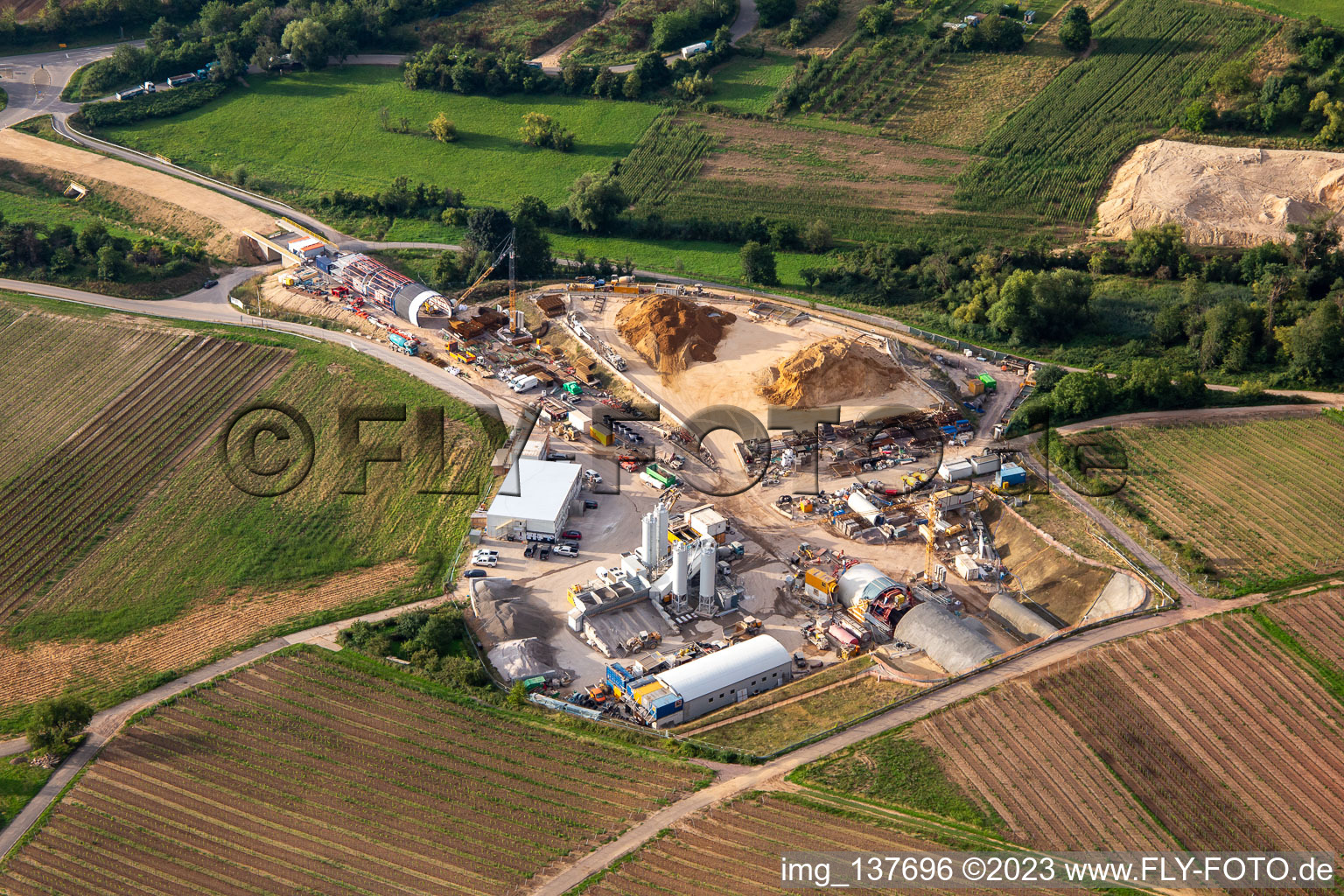 Tunnel construction site in Dörrenbach in the state Rhineland-Palatinate, Germany from the plane