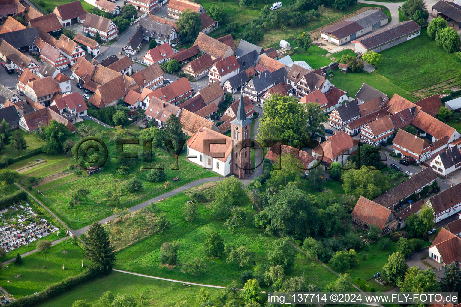 Aerial photograpy of Protestant Church in Hunspach in the state Bas-Rhin, France