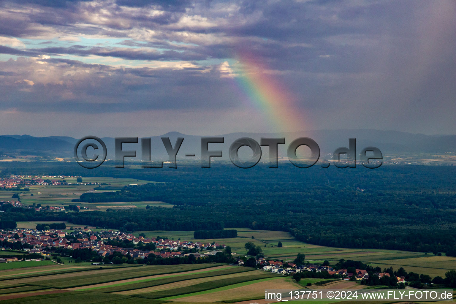 Rainbow over the Bienwald in Niederlauterbach in the state Bas-Rhin, France