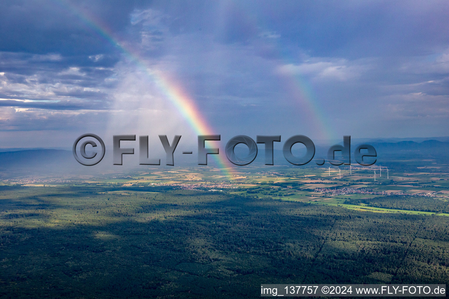 Rainbow over the Bienwald in the district Schaidt in Wörth am Rhein in the state Rhineland-Palatinate, Germany