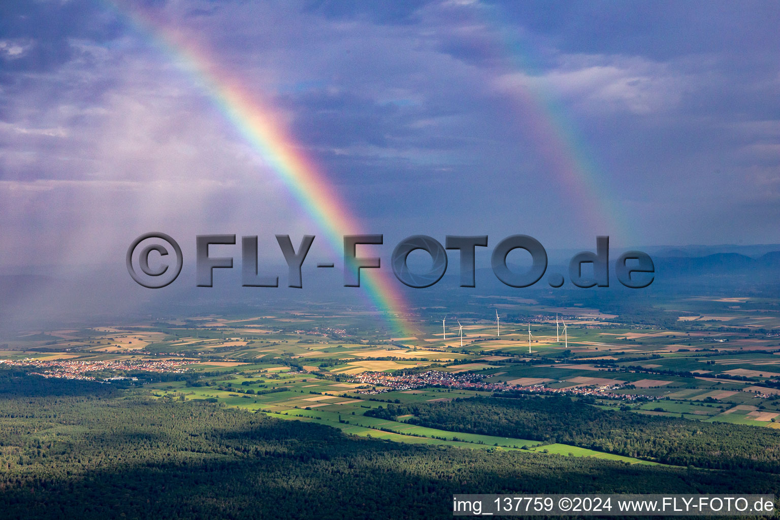 Double rainbow over the Bienwald in Freckenfeld in the state Rhineland-Palatinate, Germany