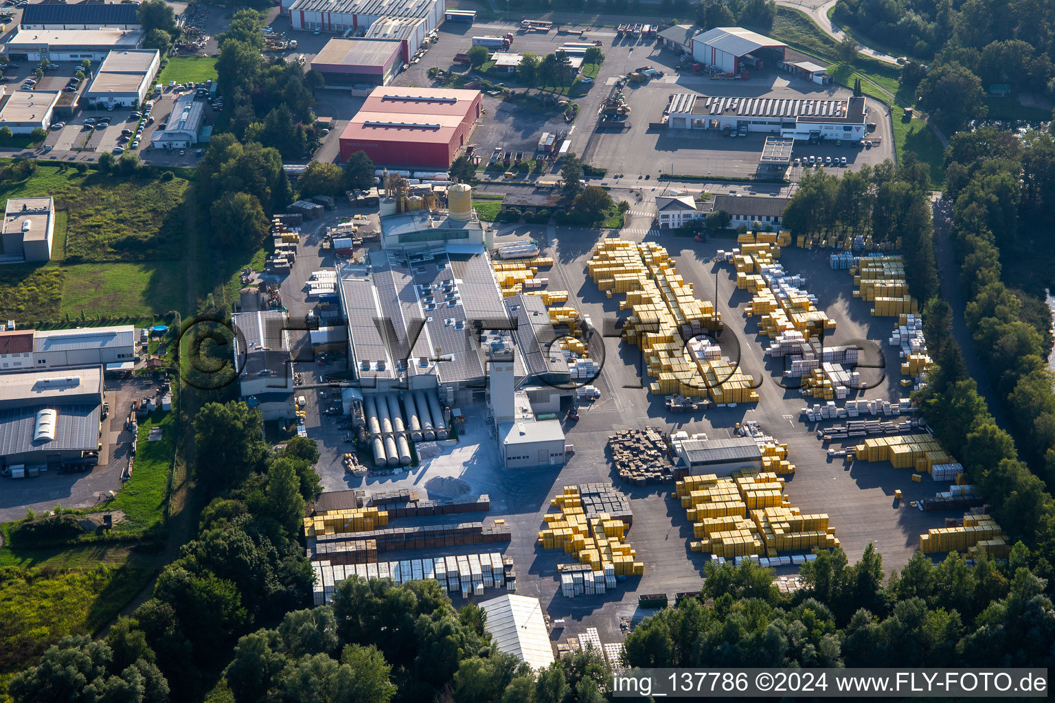 Aerial view of Xella Germany GmbH in the district Freistett in Rheinau in the state Baden-Wuerttemberg, Germany