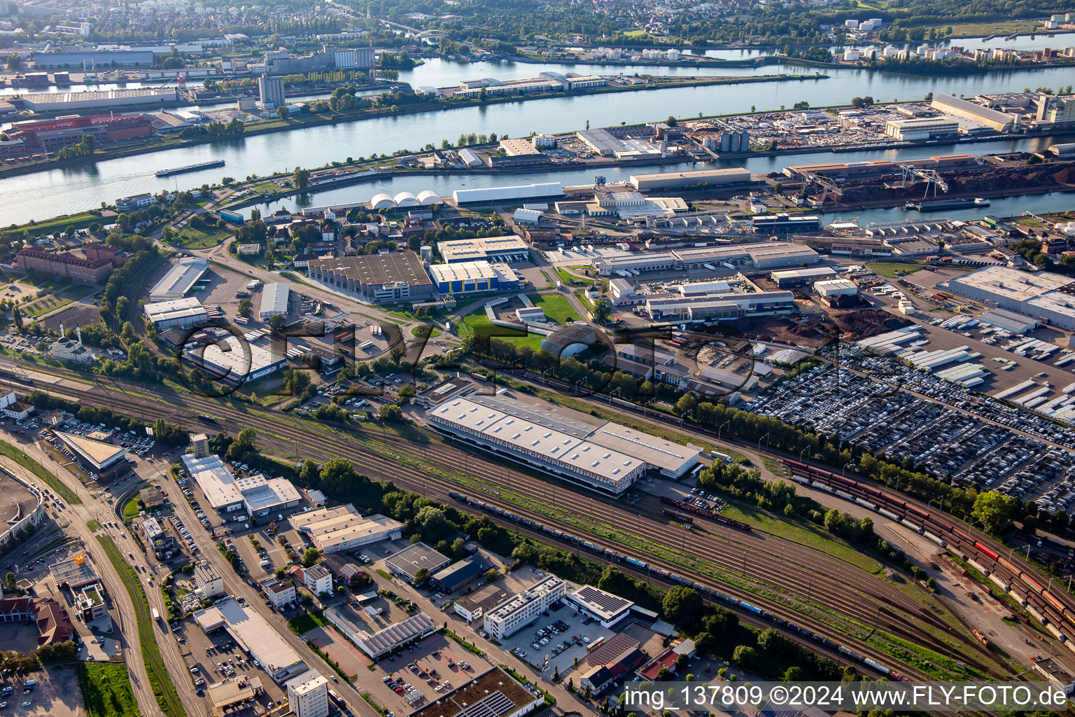 Freight station and Rhine port from the southeast in Kehl in the state Baden-Wuerttemberg, Germany