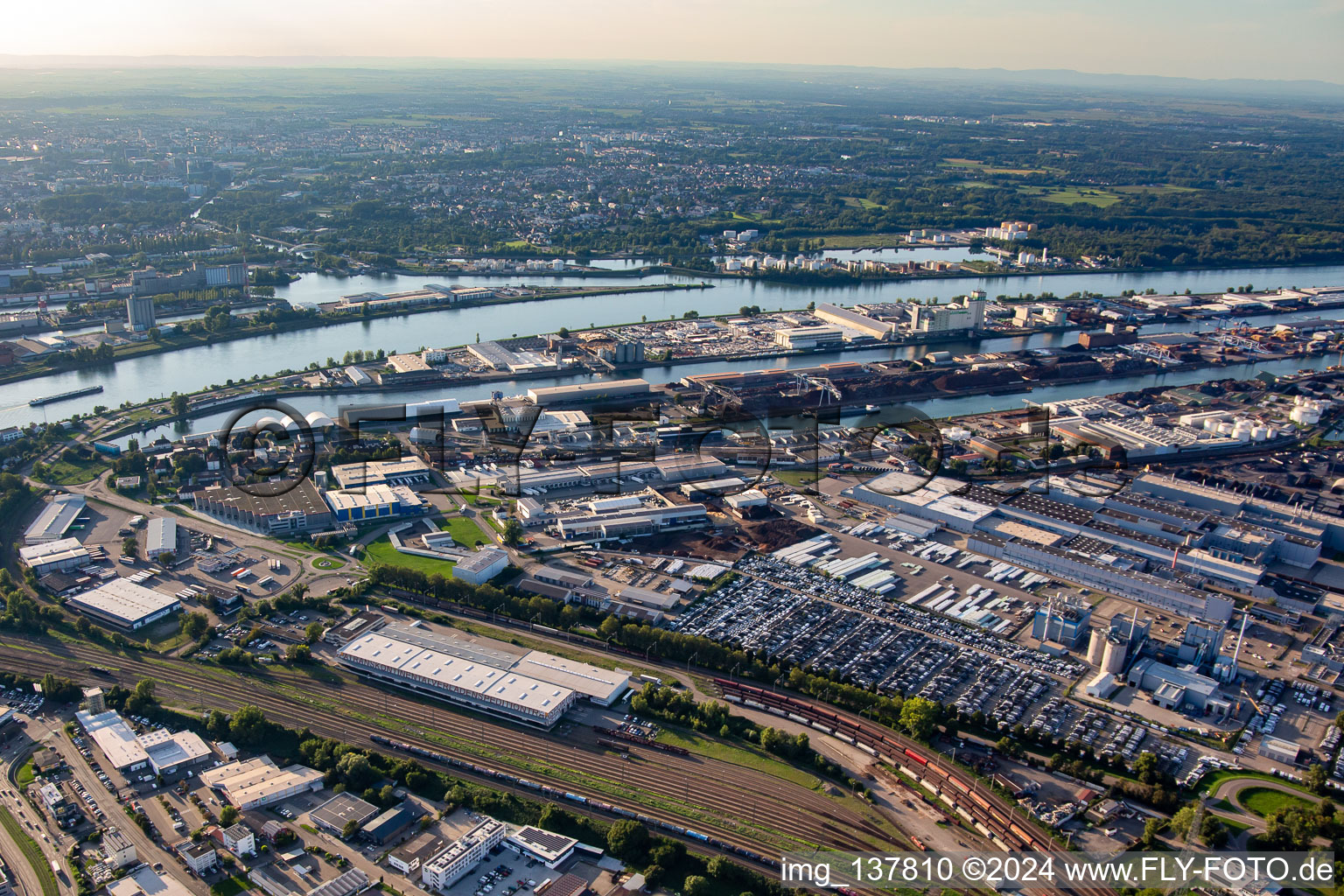 Aerial view of Freight station and Rhine port from the southeast in Kehl in the state Baden-Wuerttemberg, Germany