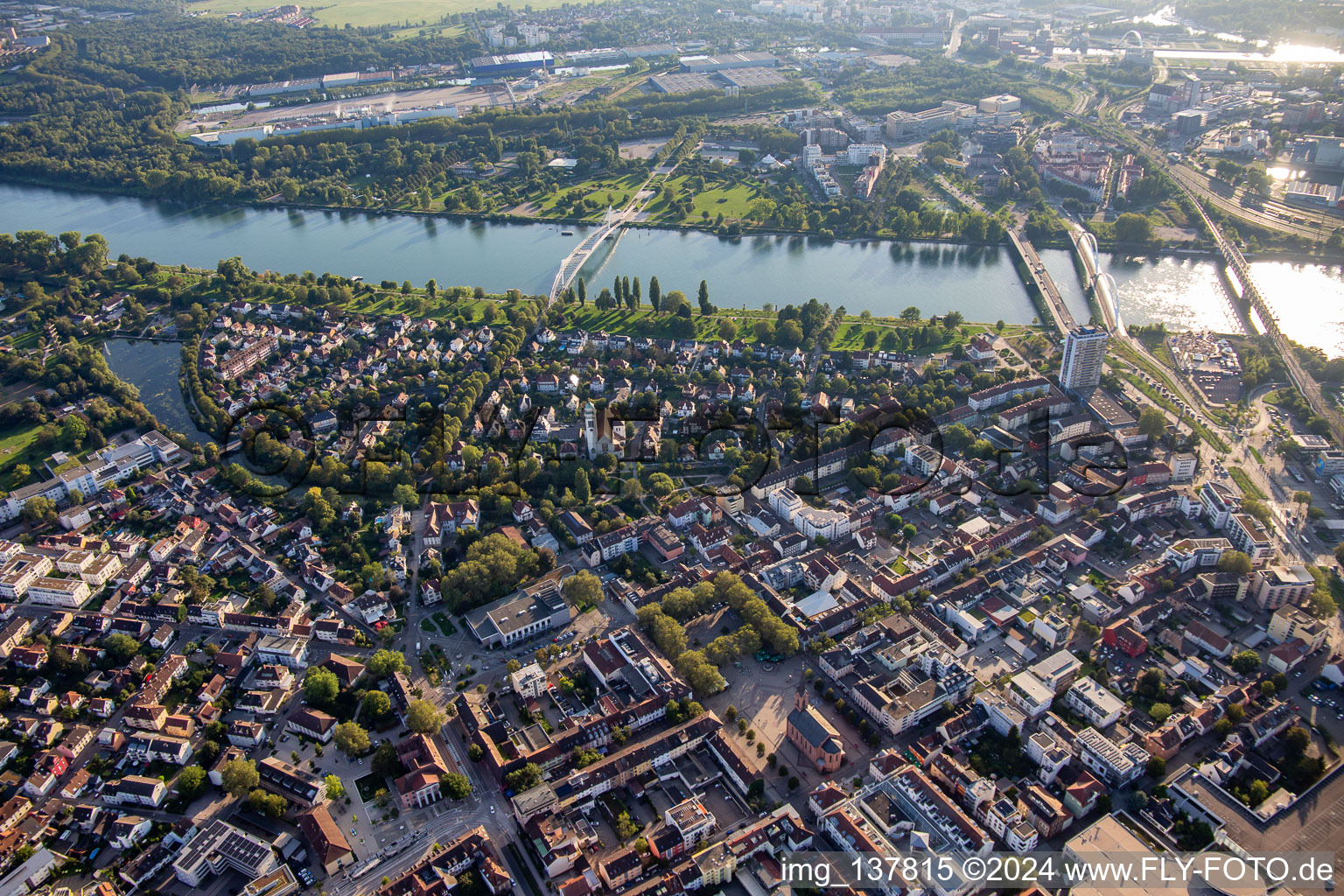 Aerial view of Rhine promenade and garden show grounds in Kehl in the state Baden-Wuerttemberg, Germany