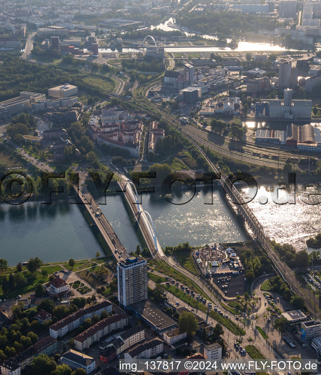 Aerial view of Europa Bridge, Beatus-Rhenanus Bridge and railway bridge over the Rhine to Strasbourg in Kehl in the state Baden-Wuerttemberg, Germany