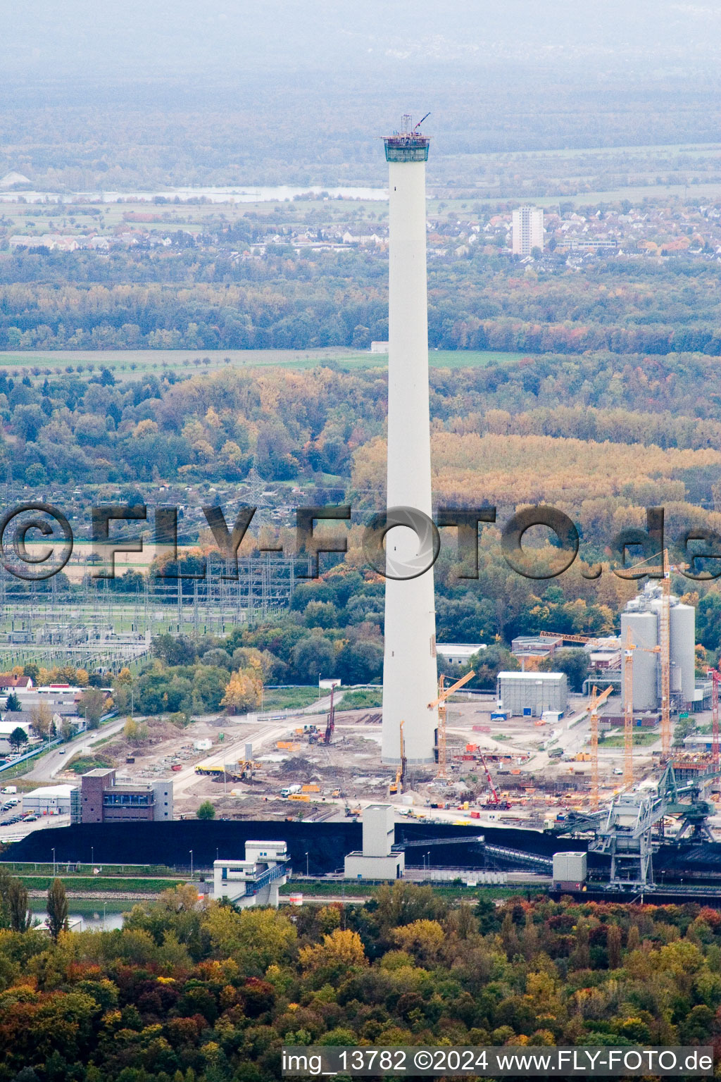 Aerial view of EnBW new coal-fired power plant at Rheinhafen in the district Rheinhafen in Karlsruhe in the state Baden-Wuerttemberg, Germany