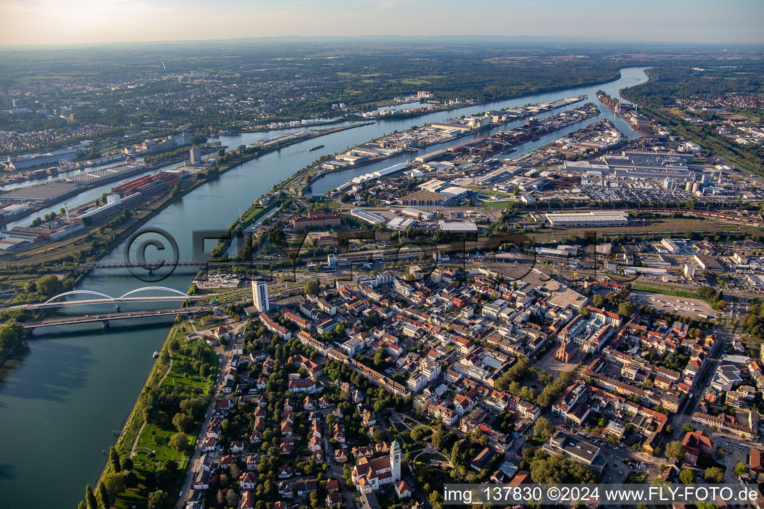 Rhine port and B28 from the south in Kehl in the state Baden-Wuerttemberg, Germany