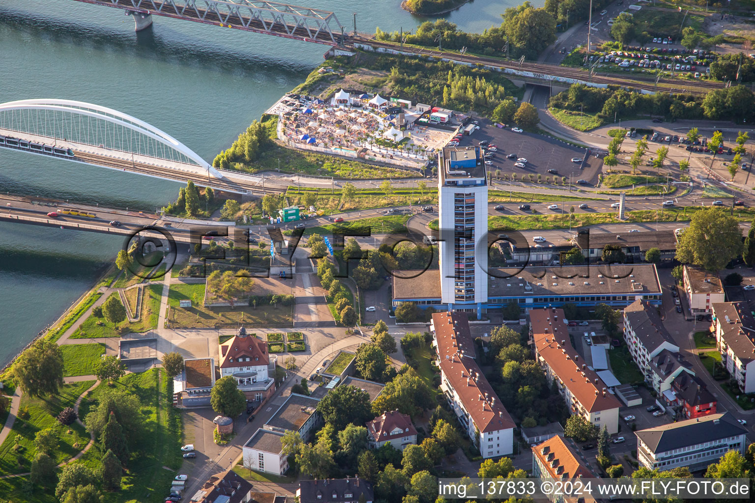 High-rise and Villa Schmidt on the banks of the Rhine / Honsellstr in Kehl in the state Baden-Wuerttemberg, Germany