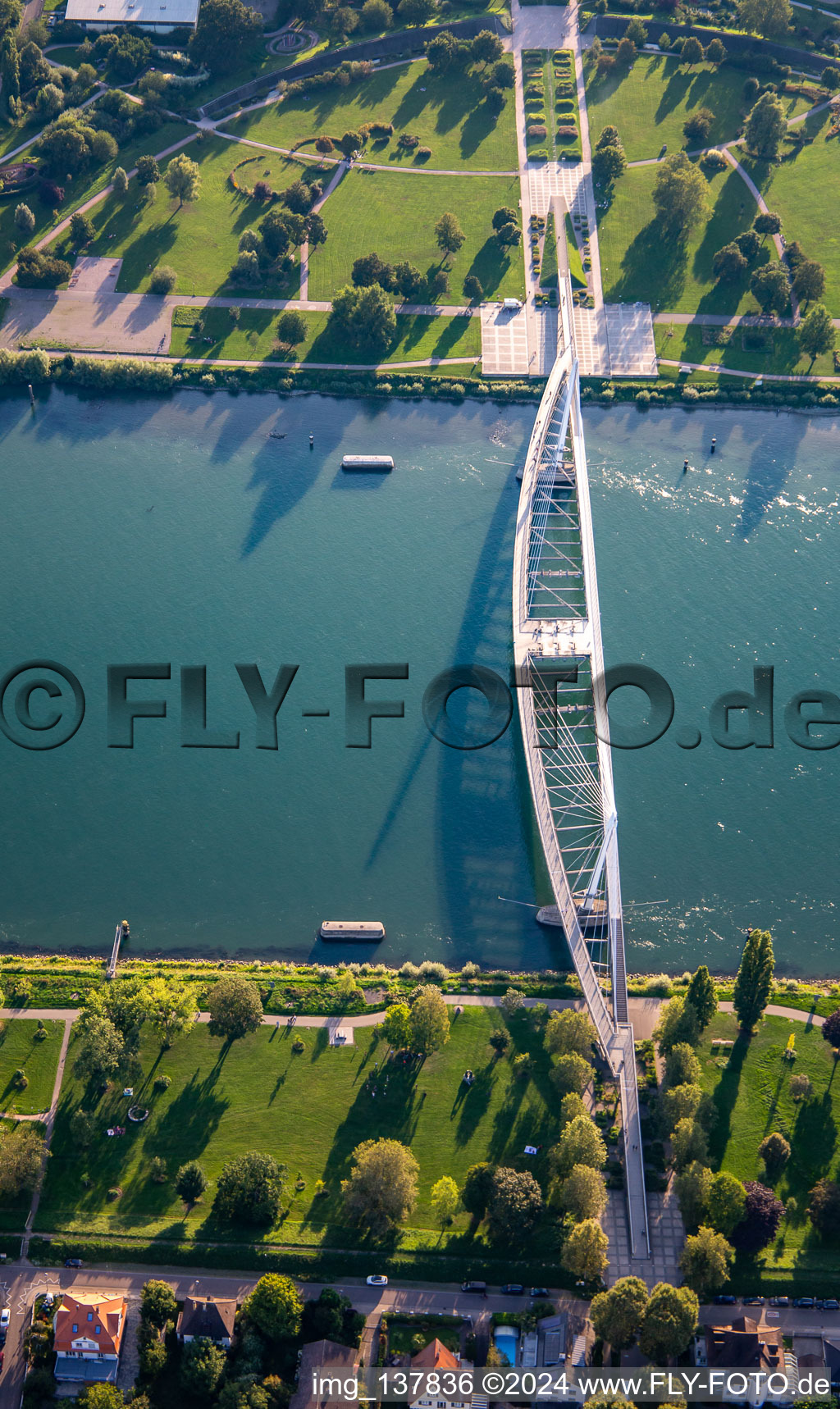 Aerial view of Bridge of the Two Banks to the Garden of the Two Banks over the Rhine to Strasbourg in Kehl in the state Baden-Wuerttemberg, Germany