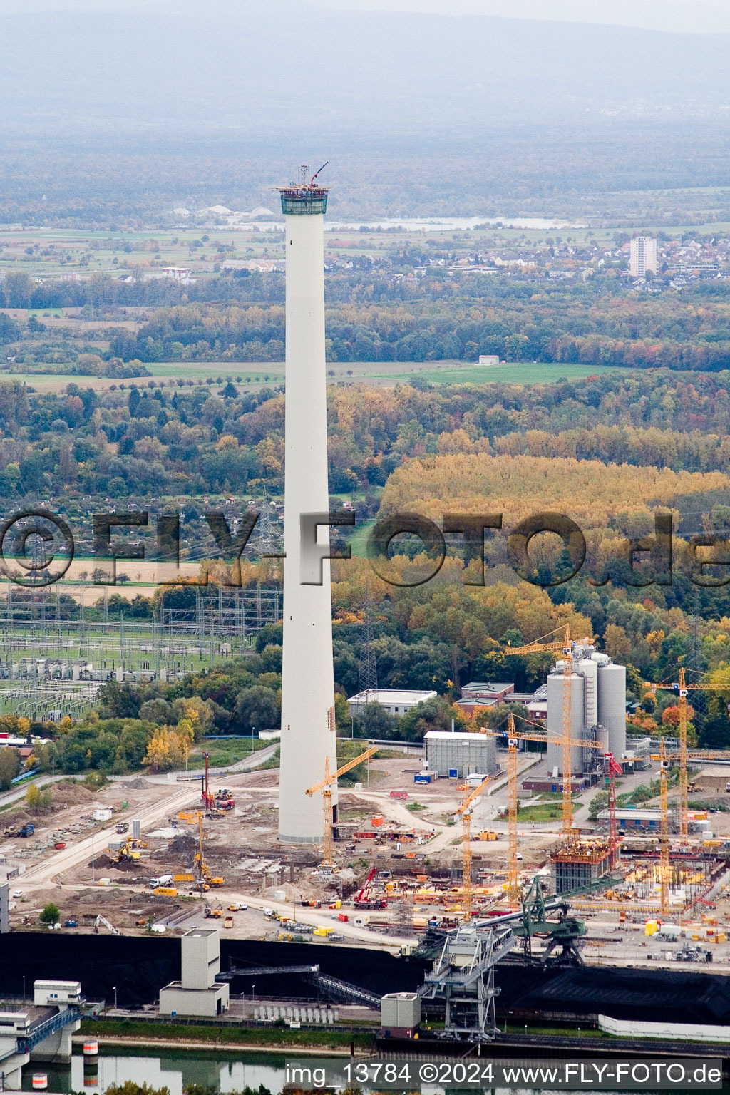 Aerial photograpy of EnBW new coal-fired power plant at Rheinhafen in the district Rheinhafen in Karlsruhe in the state Baden-Wuerttemberg, Germany