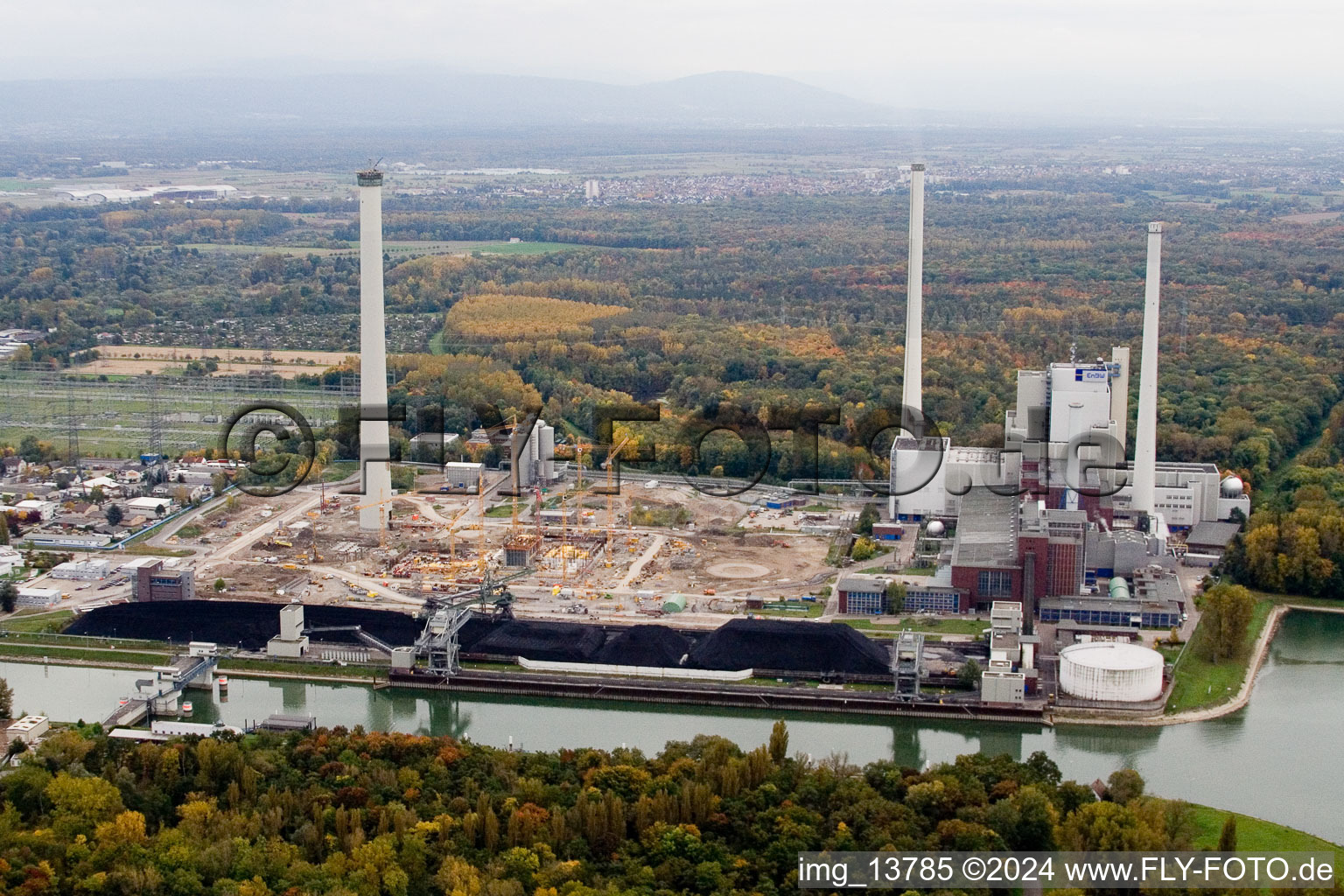 Oblique view of EnBW new coal-fired power plant at Rheinhafen in the district Rheinhafen in Karlsruhe in the state Baden-Wuerttemberg, Germany