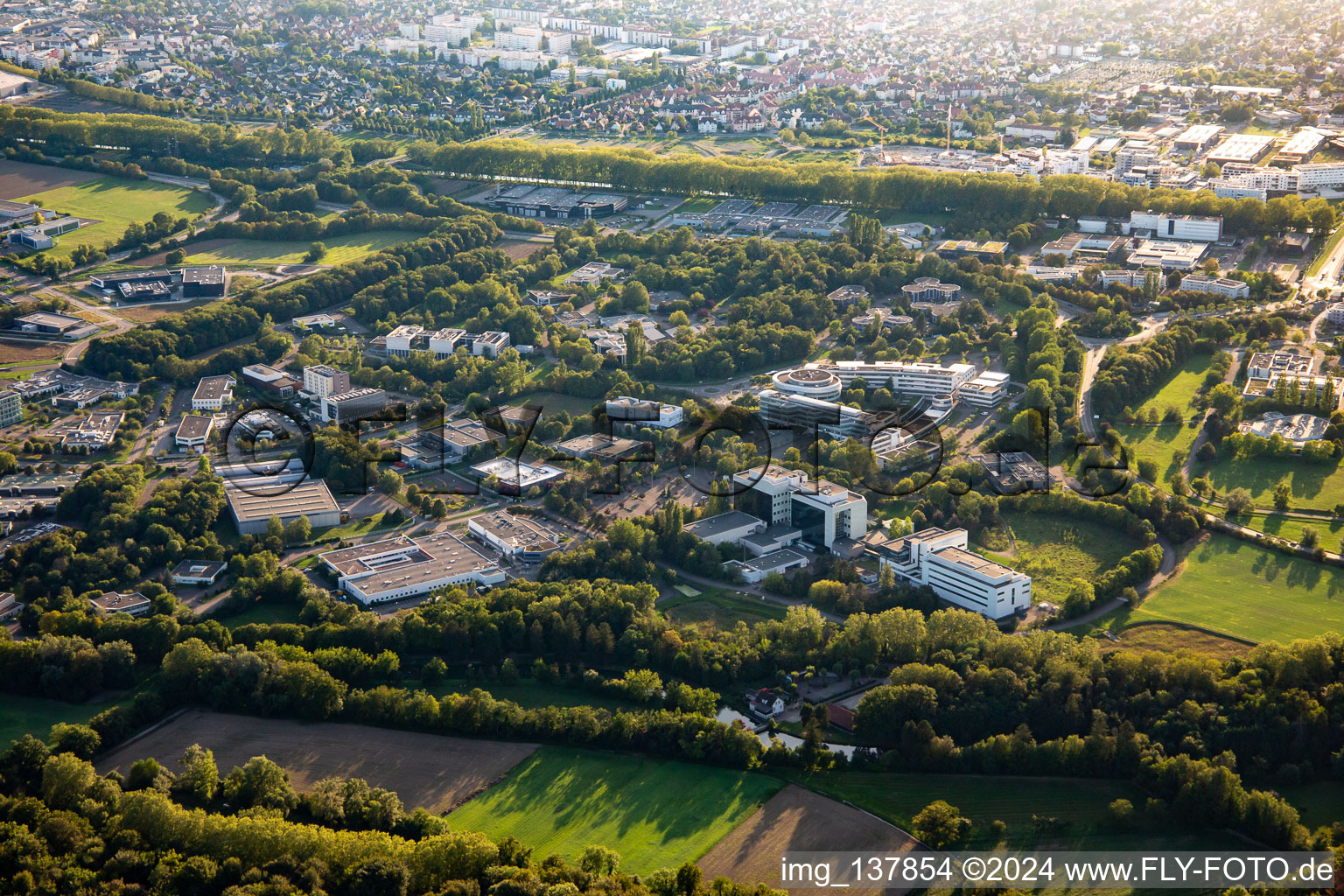 Le Parc d'innovation Strasbourg commercial area with Institute Clinique De La Souris, IGBMC - Institut de génétique et de biology moléculaire et cellularaire, Transgene SA and Thermo Fisher Scientific in Illkirch-Graffenstaden in the state Bas-Rhin, France