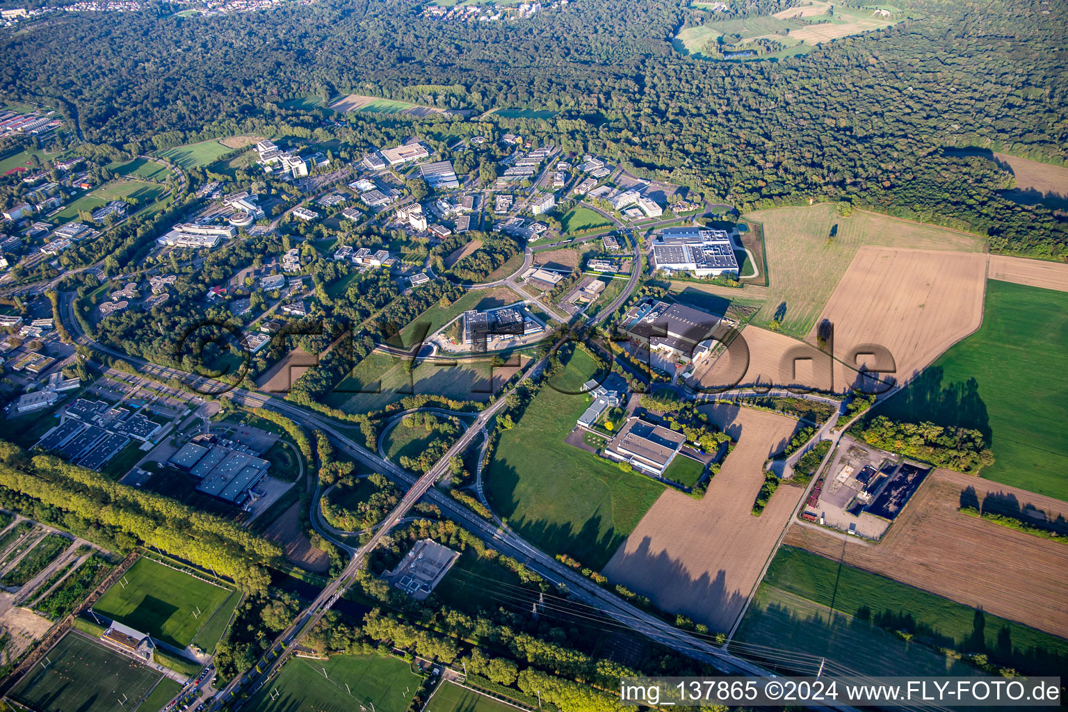 Aerial view of Le Parc d'innovation Strasbourg commercial area with Institute Clinique De La Souris, IGBMC - Institut de génétique et de biology moléculaire et cellularaire, Transgene SA and Thermo Fisher Scientific in Illkirch-Graffenstaden in the state Bas-Rhin, France