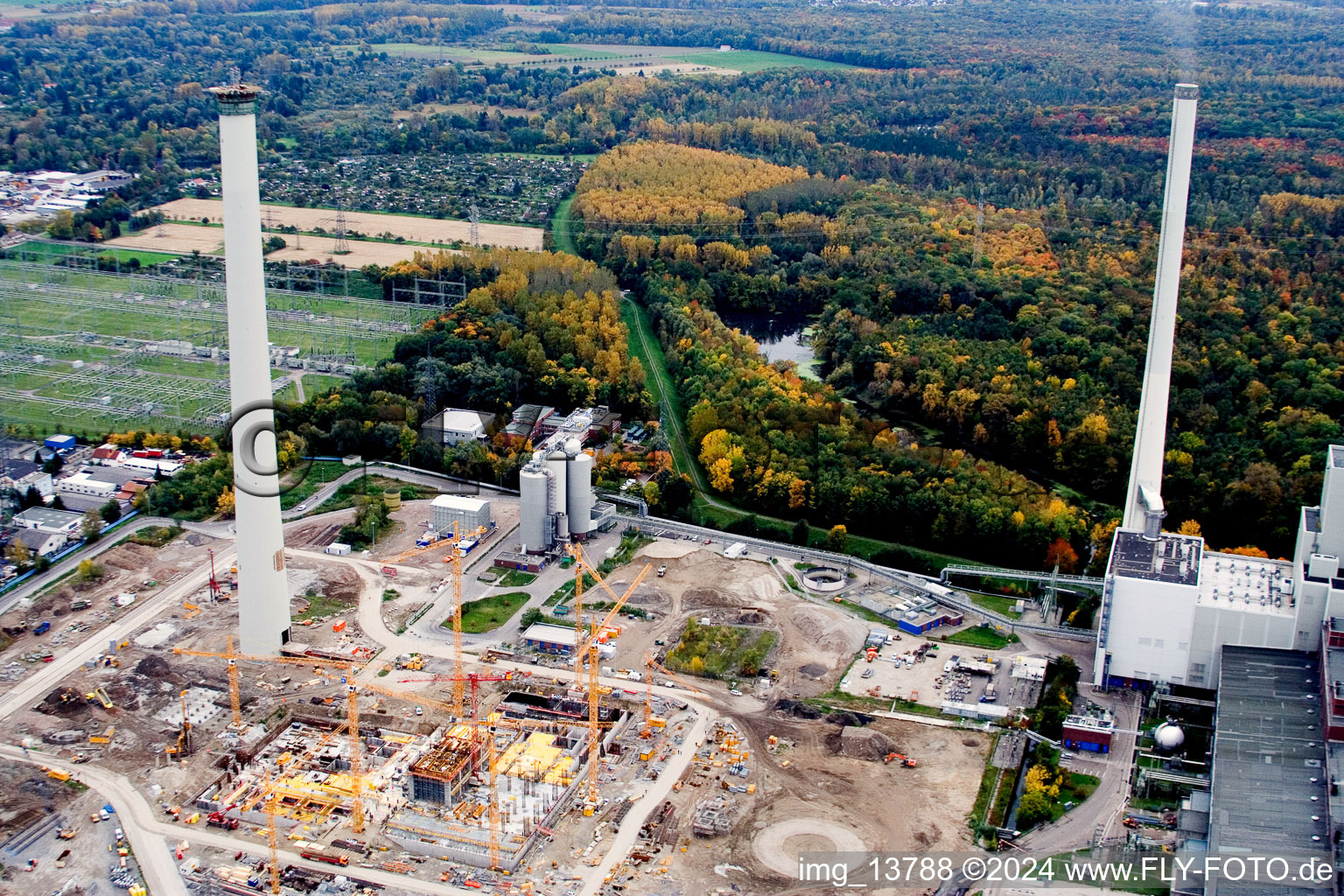 EnBW new coal-fired power plant at Rheinhafen in the district Rheinhafen in Karlsruhe in the state Baden-Wuerttemberg, Germany seen from above