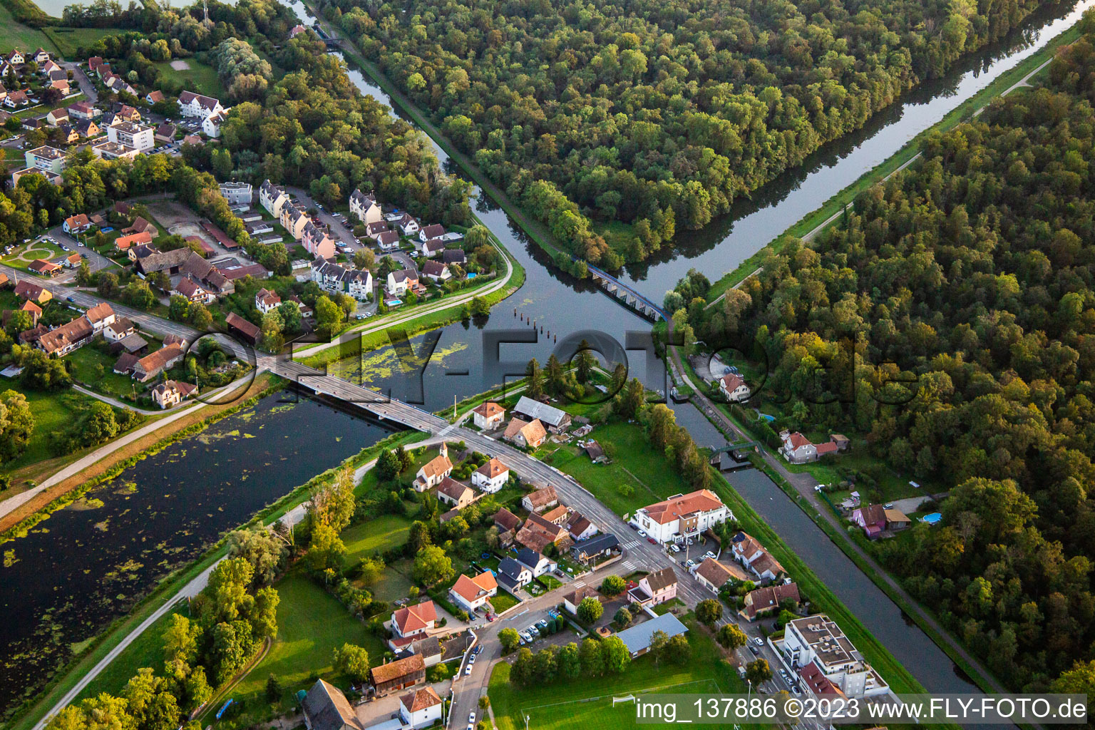 Aerial view of Junction of the Canal de Décharge de l'Ill and Canal du Rhône au Rhin in Erstein in the state Bas-Rhin, France