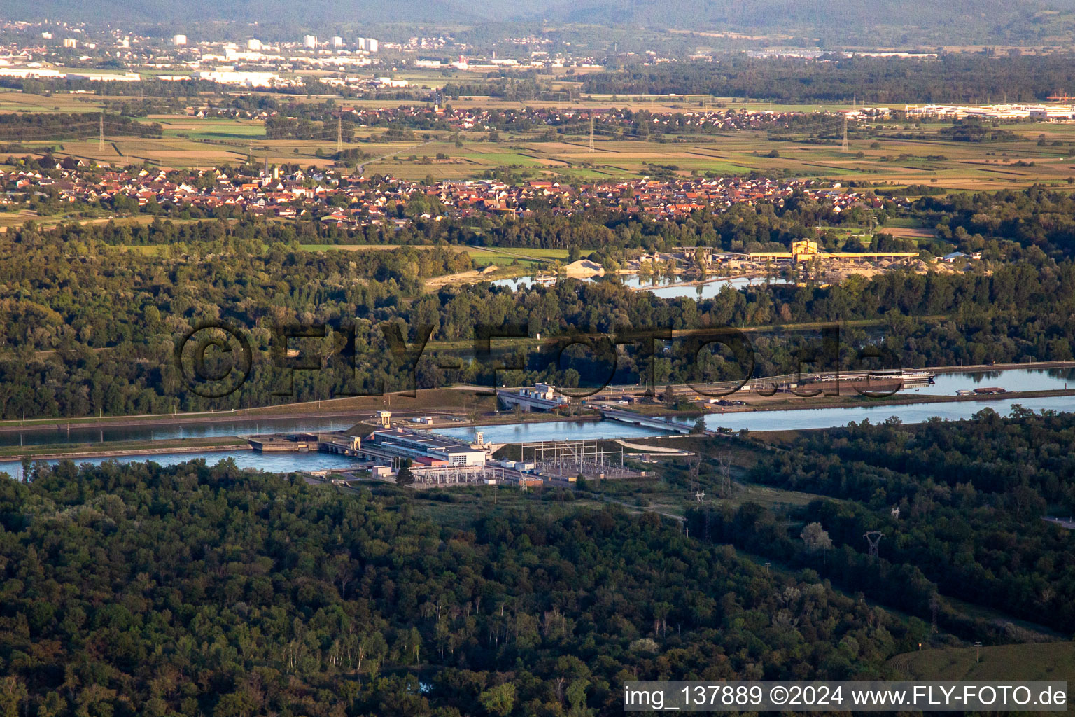 Aerial view of Écluses'/Centrale hydroélectrique EDF at the lock in the Gran Canal D'Alsace EDF de Gerstheim in Gerstheim in the state Bas-Rhin, France