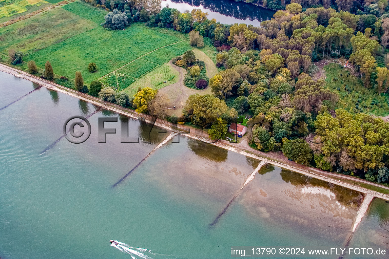 Aerial view of Neuburgweier, customs port in Au am Rhein in the state Baden-Wuerttemberg, Germany