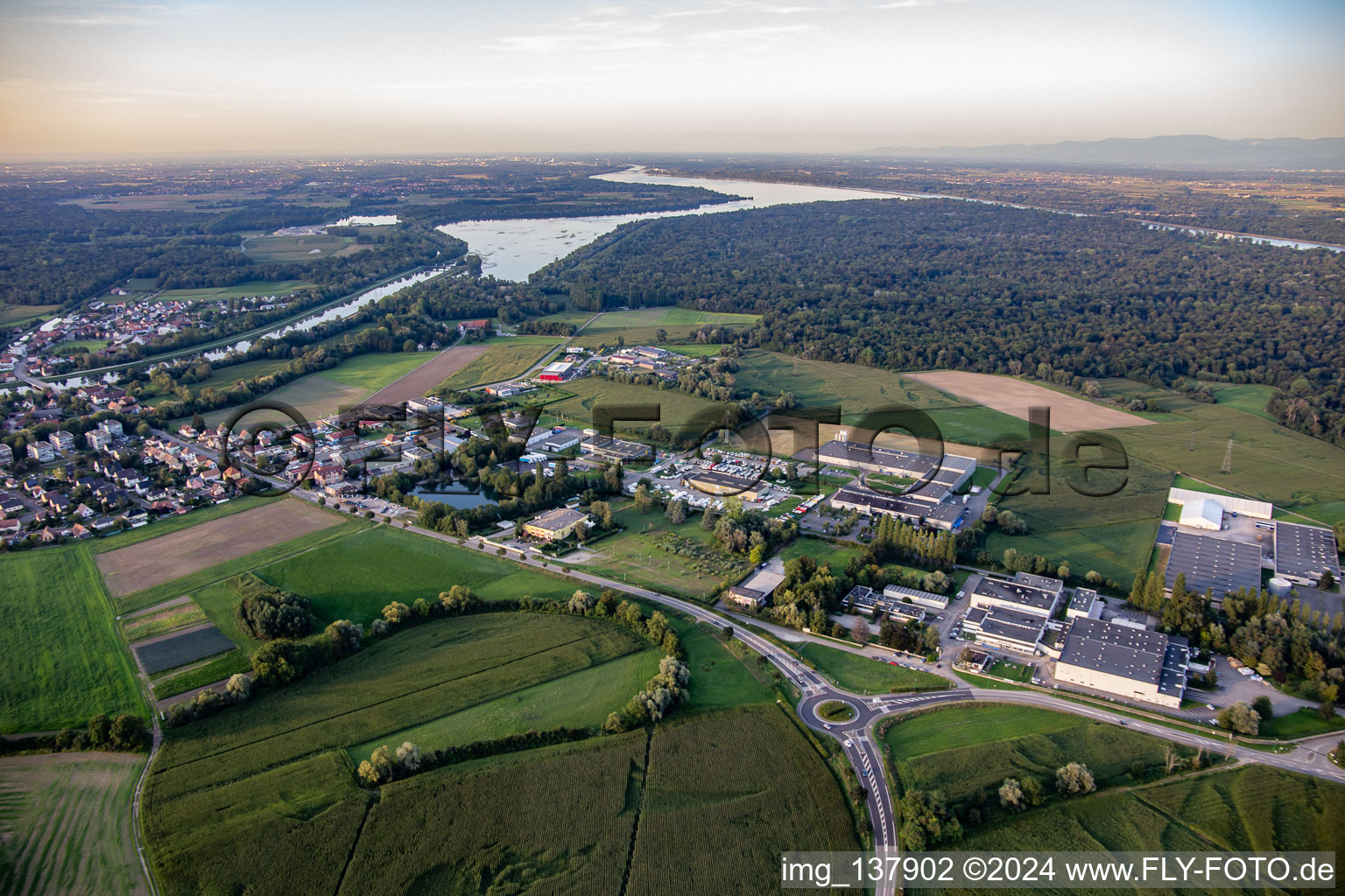 Aerial view of Industrial area Zone Industriel de Krafft from the southwest in Erstein in the state Bas-Rhin, France