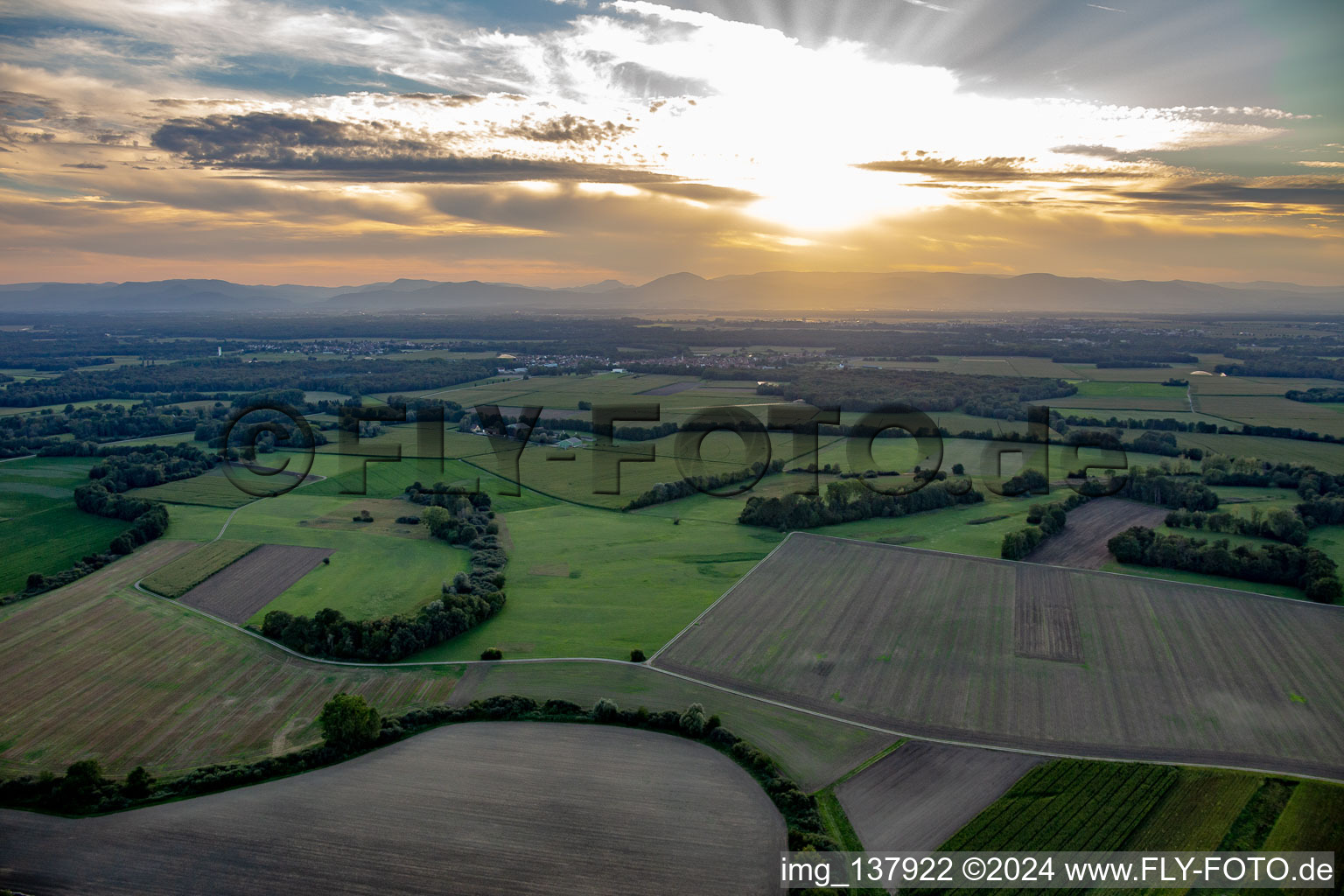 Sunset over the Vosges in Obenheim in the state Bas-Rhin, France